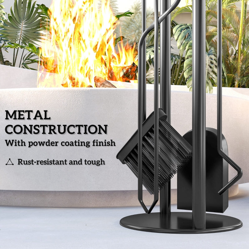 5 Pieces Fireplace Tool Set with Broom, Shovel, Poker, Tongs, and Stand - Silver Metal