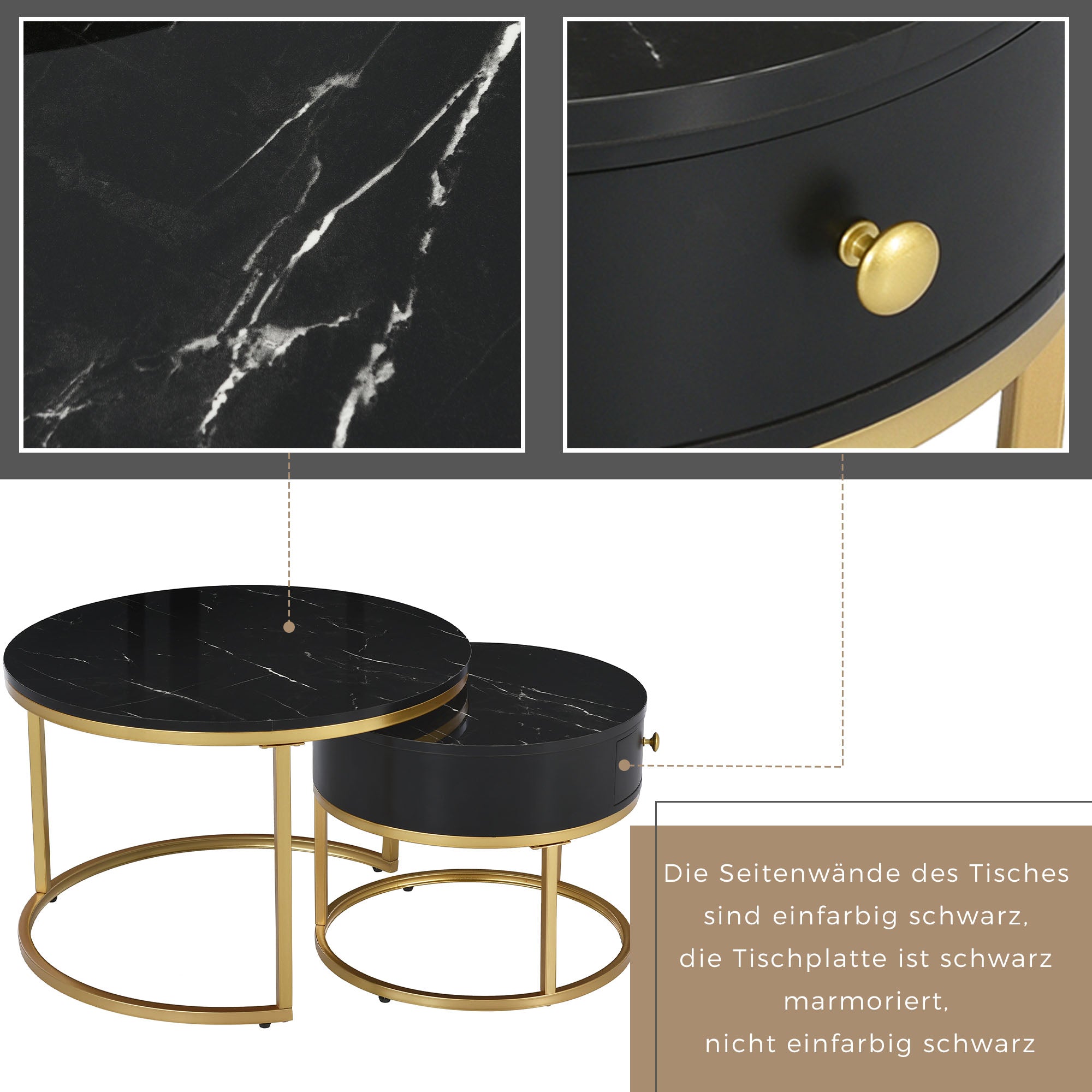 Modern Nesting Coffee Table, Set of 2 Round Side Tables with High Gloss Marble Pattern, Black MDF