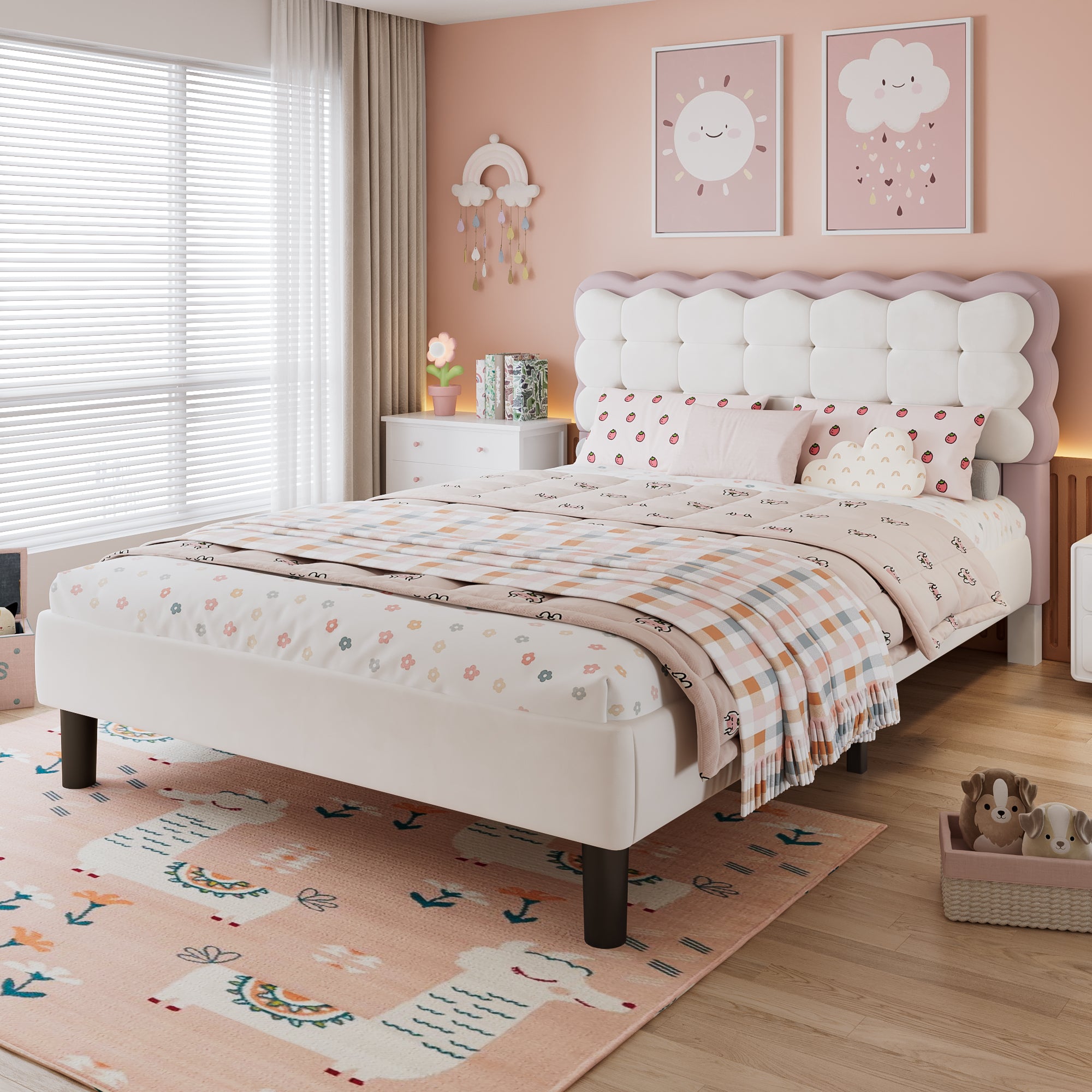 Upholstered Bed, Biscuit Shape Velvet Backrest, 4ft6 Double, Beige+Pink