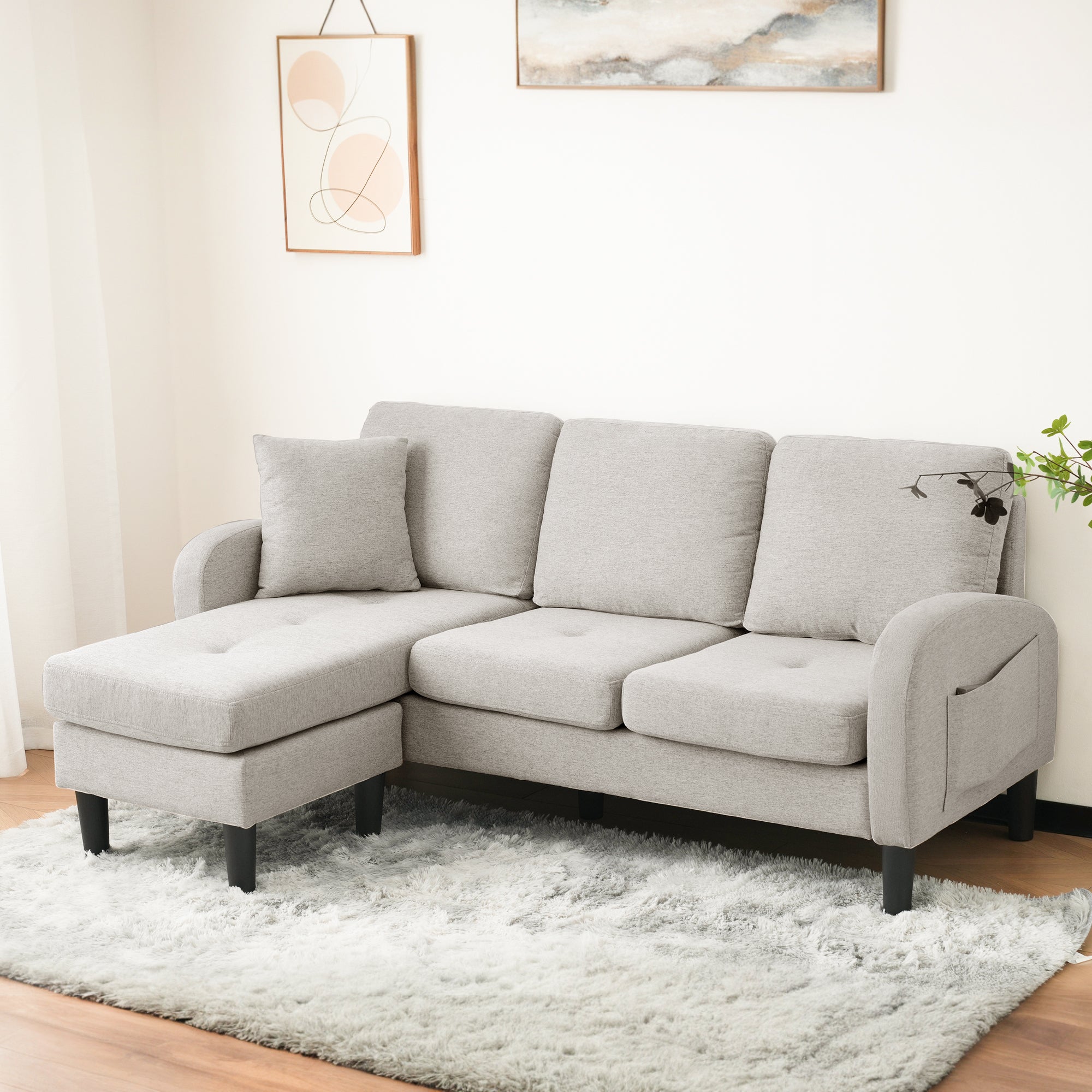 L-shaped Corner Sofa 3-Seater Chaise Modular - Cotton-Linen