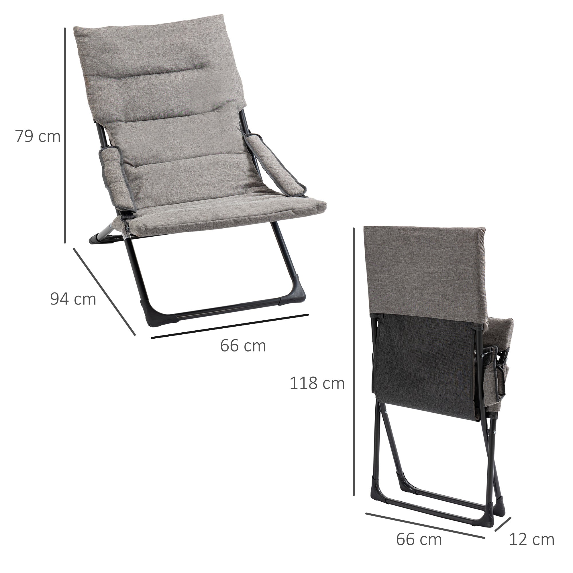 Folding Chair Lounger Removable Cushion Flexible Garden/Camping Steel Grey