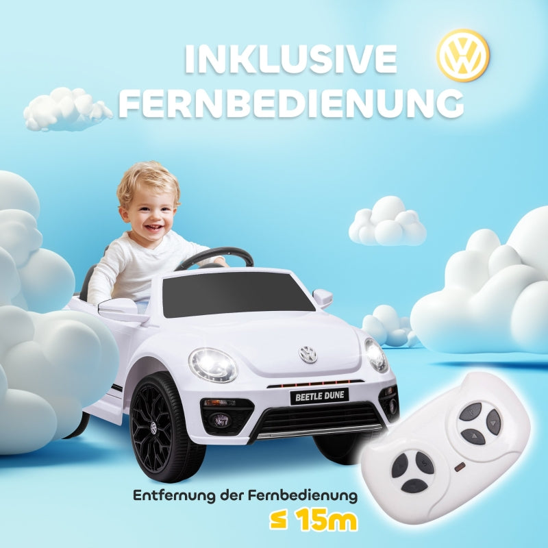 AIYAPLAY Electric Ride-On Car, VW Beetle, 3-5 km/h, with remote control and music, white