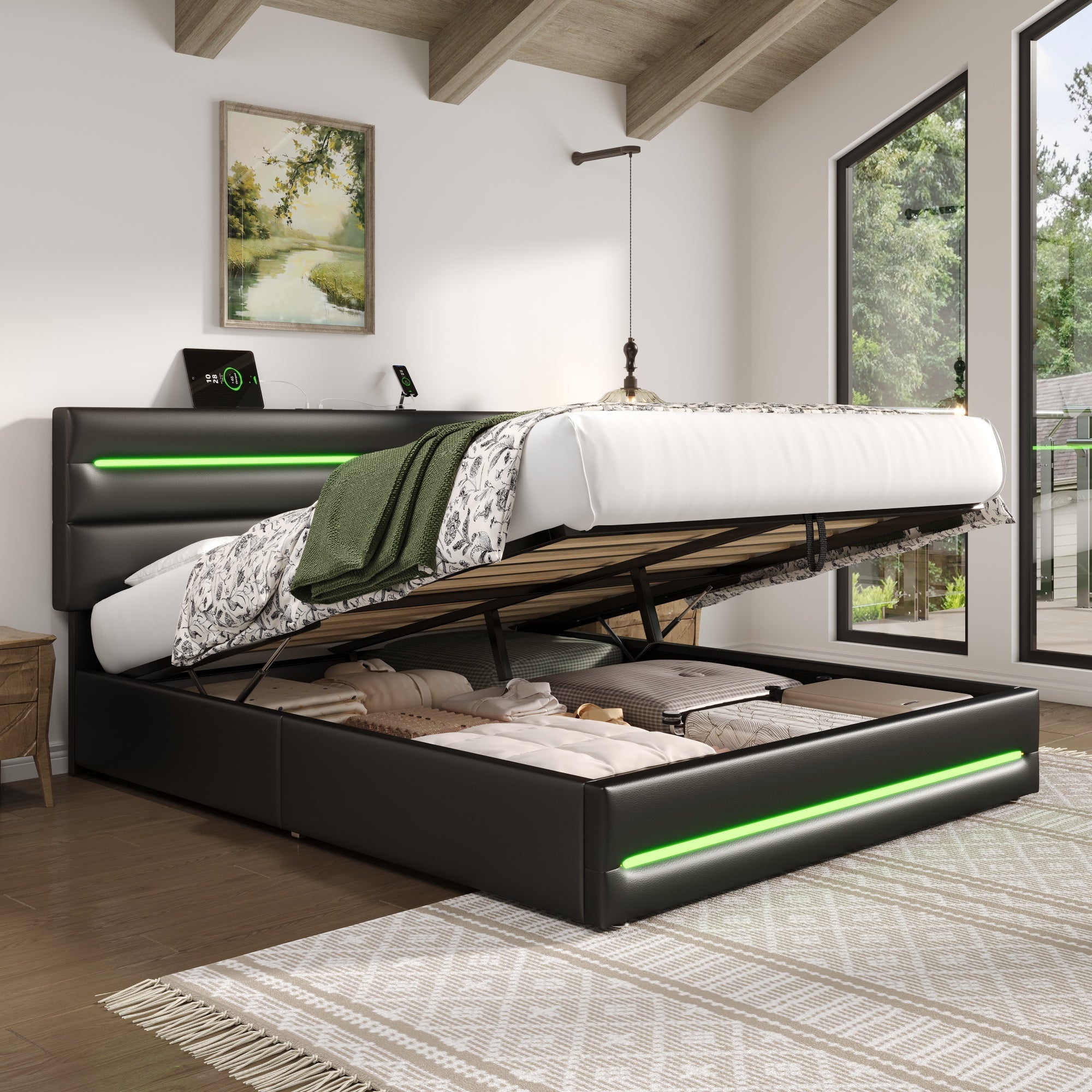 5ft King Upholstered Bed Frame with Hydraulic Storage, LED Lighting and Charging Station, Black PU