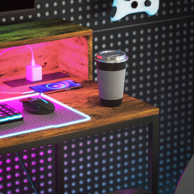 100cm Computer Desk, LED Lights Power Outlets Monitor Stand, Rustic Brown