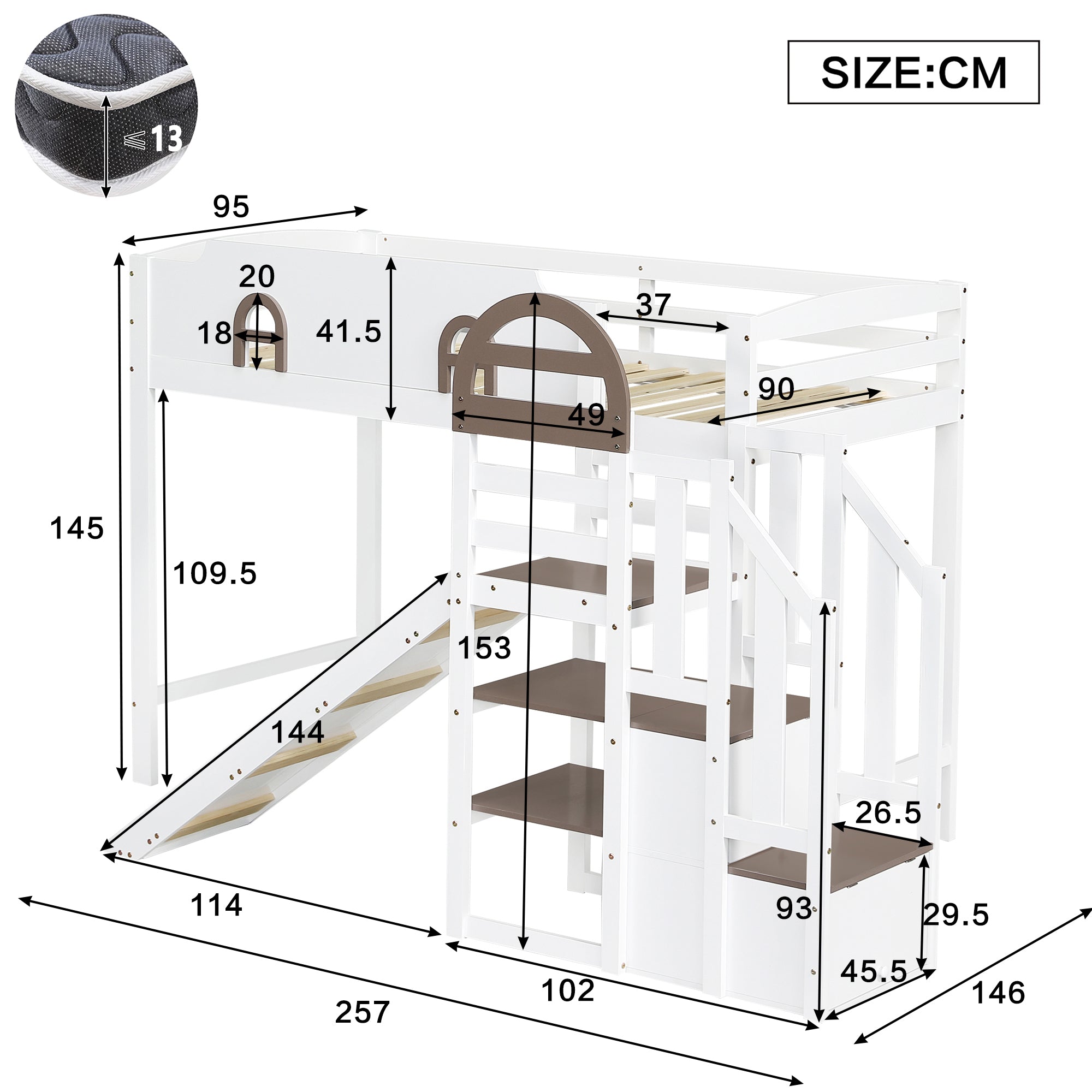 Bunk Bed, Children's with Window, Slide, Stairs & Storage, Pine + MDF, White + Brown, 90 x 200 cm