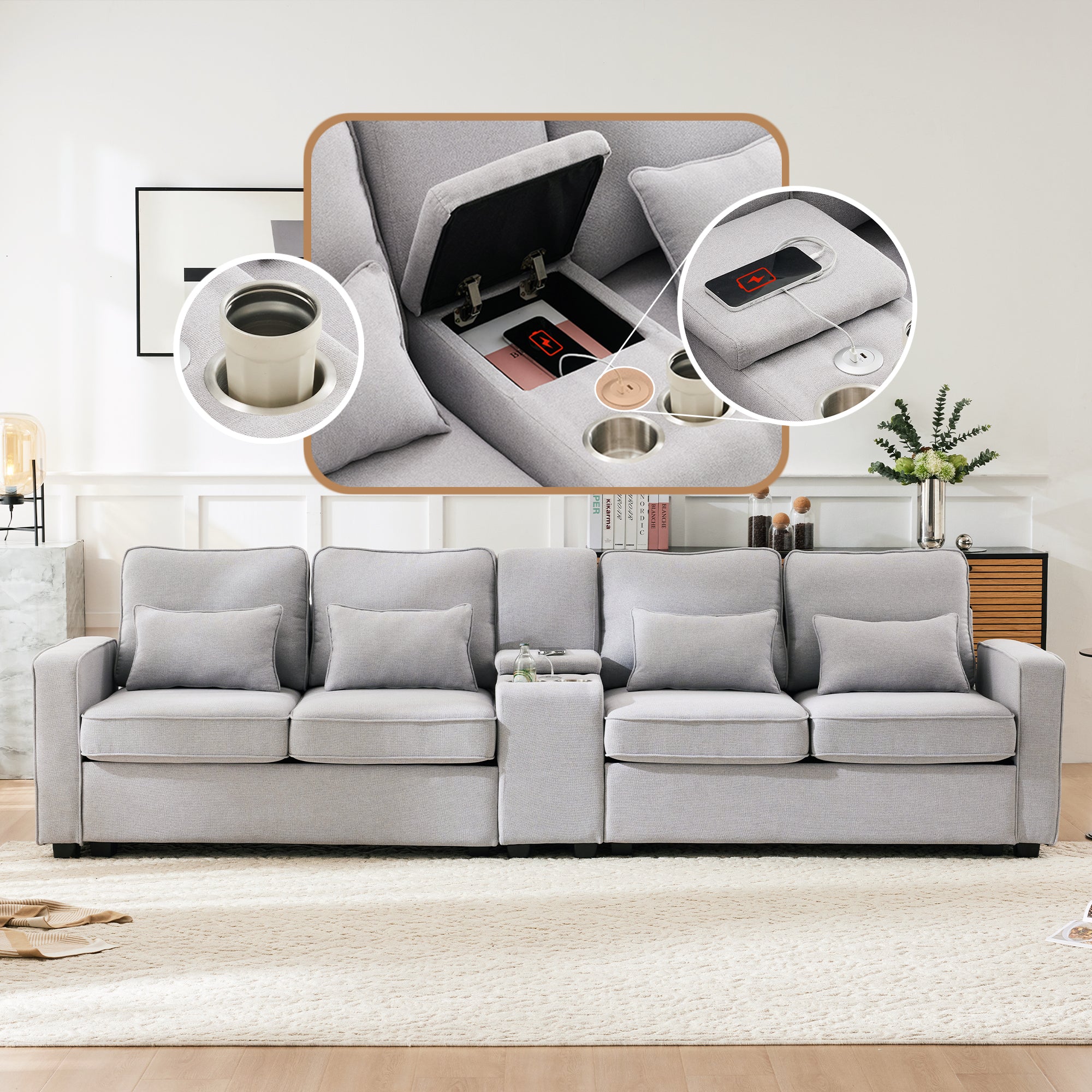 Sofa, 4-Seater with Console, Cupholders, USB, Linen Fabric