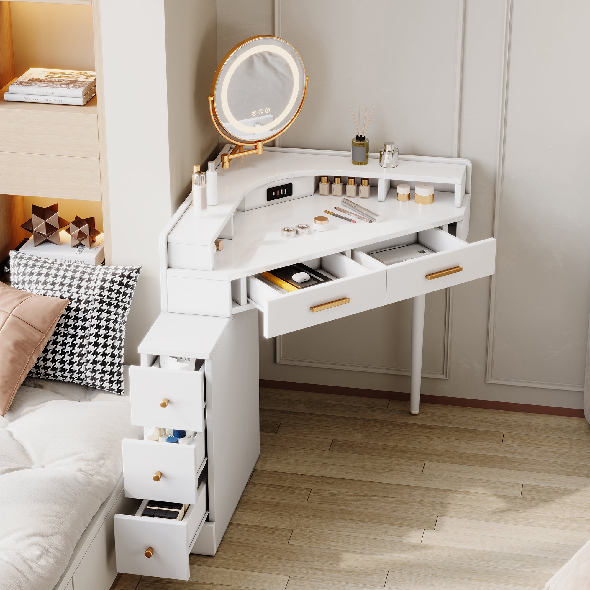 Corner Dressing Table Rotating LED Mirror 5 Drawers USB-C Ports White