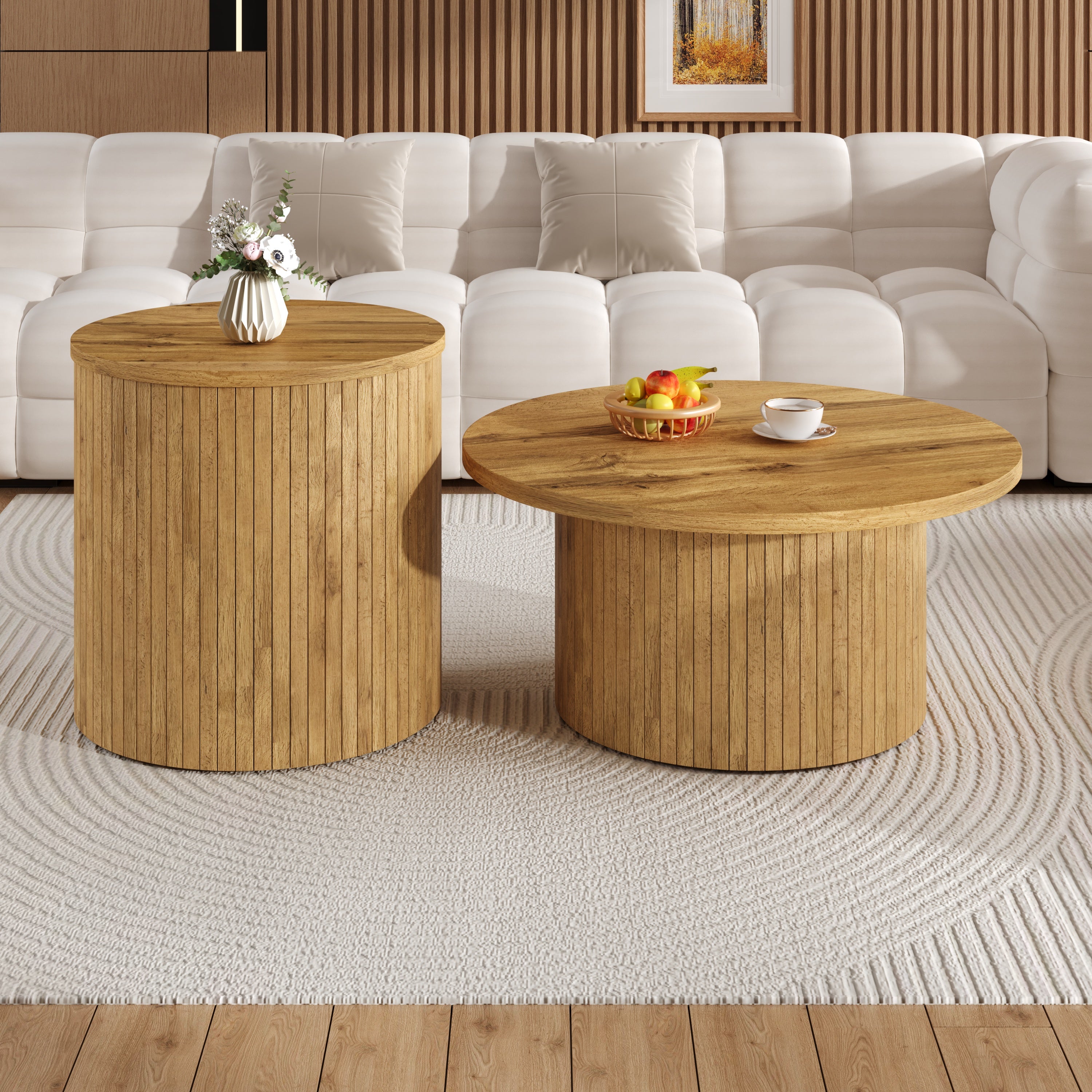 Coffee Table Double Round Slats Multifunctional - Natural Wood