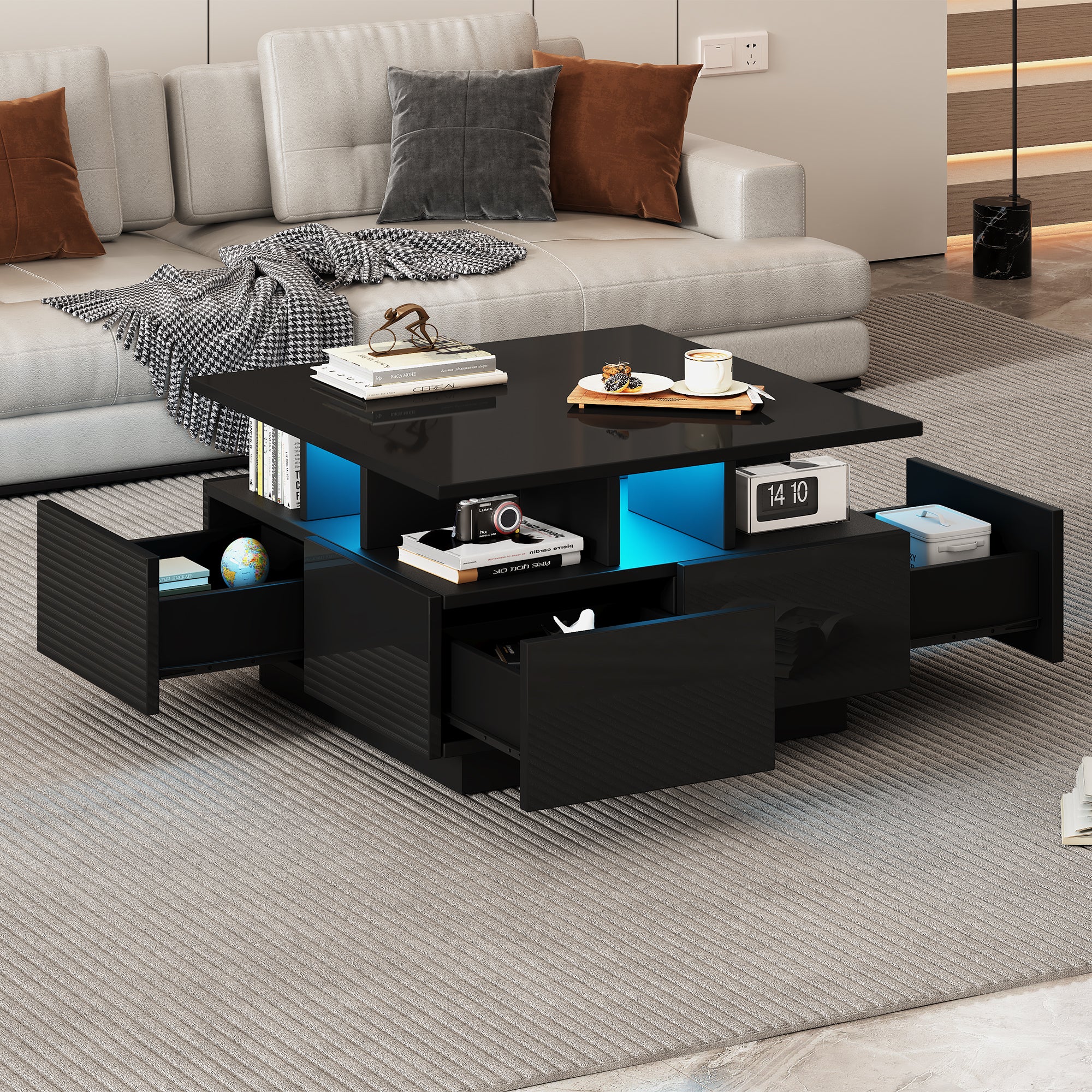 Coffee Table, High-Gloss LED with 4 Drawers, Geometric Design, Black