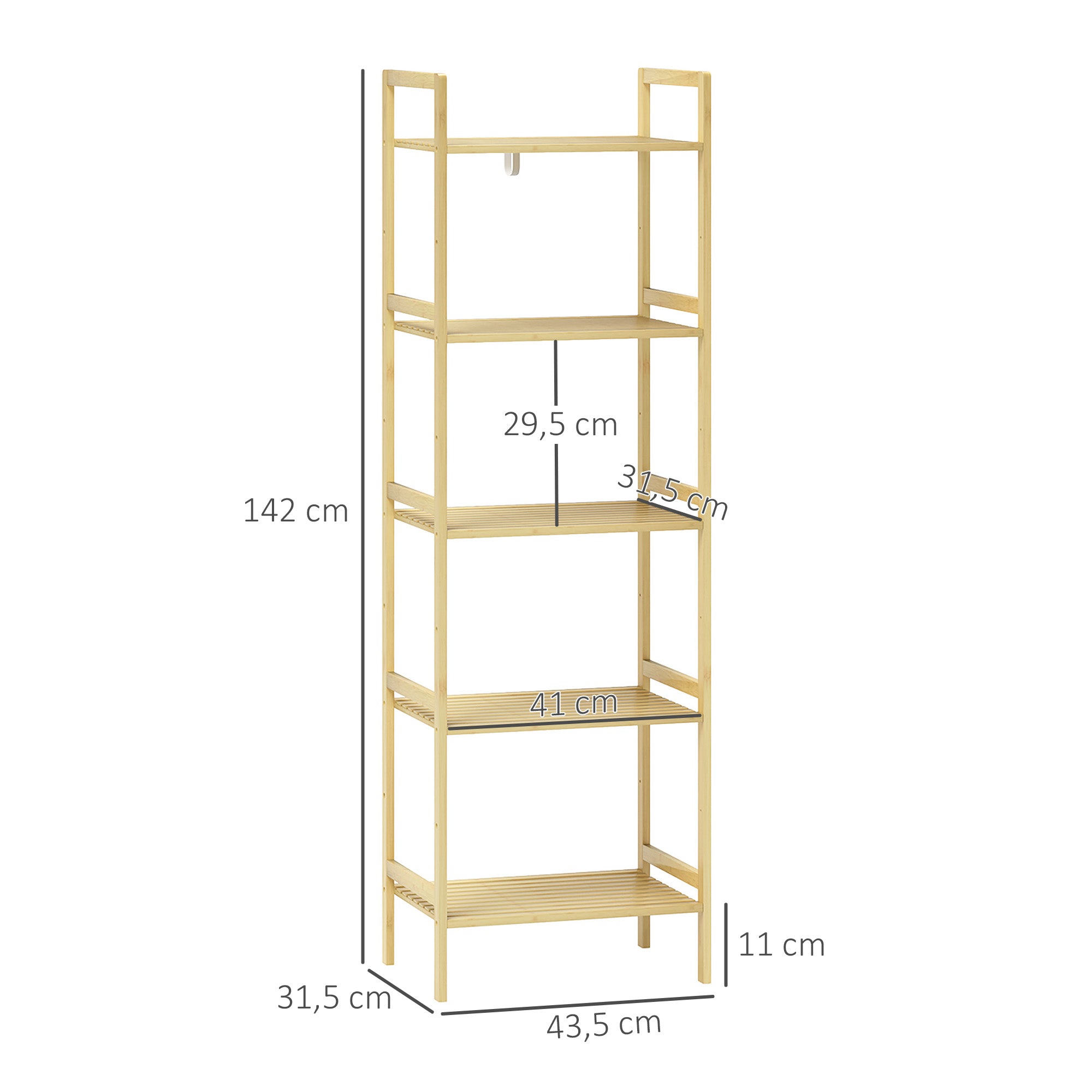 Bathroom Shelf, 5-Tier Storage Rack, Adjustable, Natural Wood
