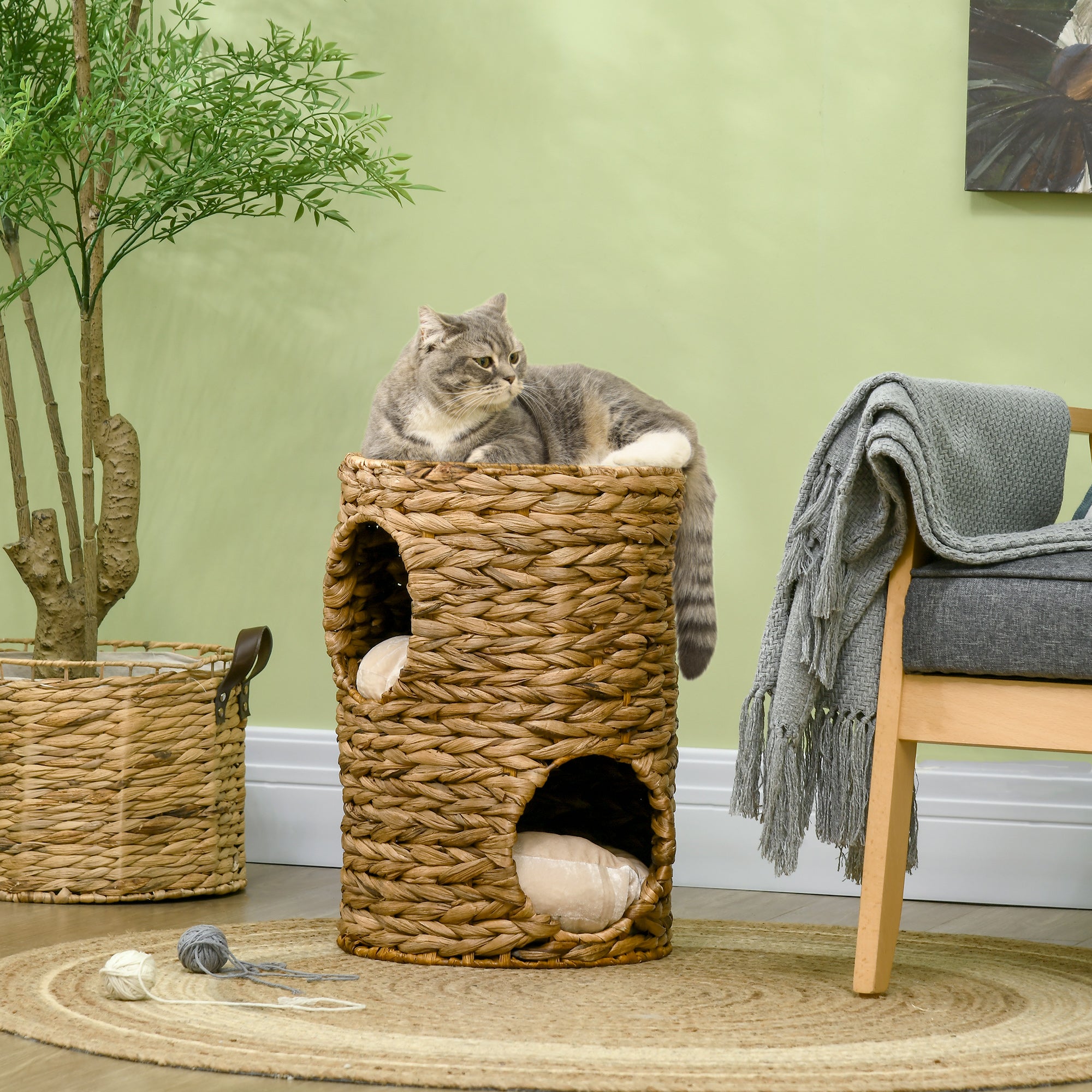 Scratching Barrel Cat Tower, 2 Levels, Water Hyacinth & Steel, Light Brown