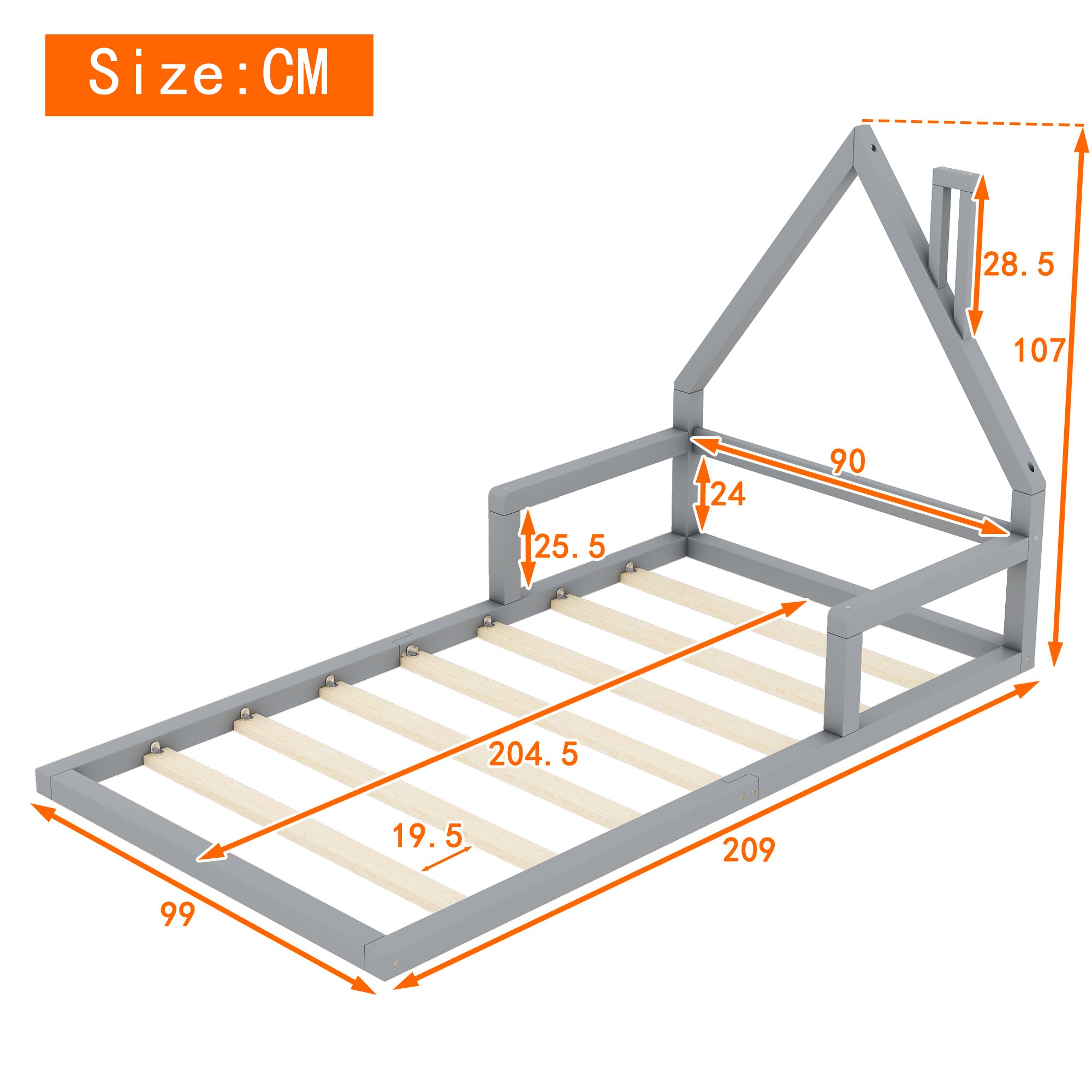 Children's Bed 90x200cm Flat House Shape Solid Pine Grey