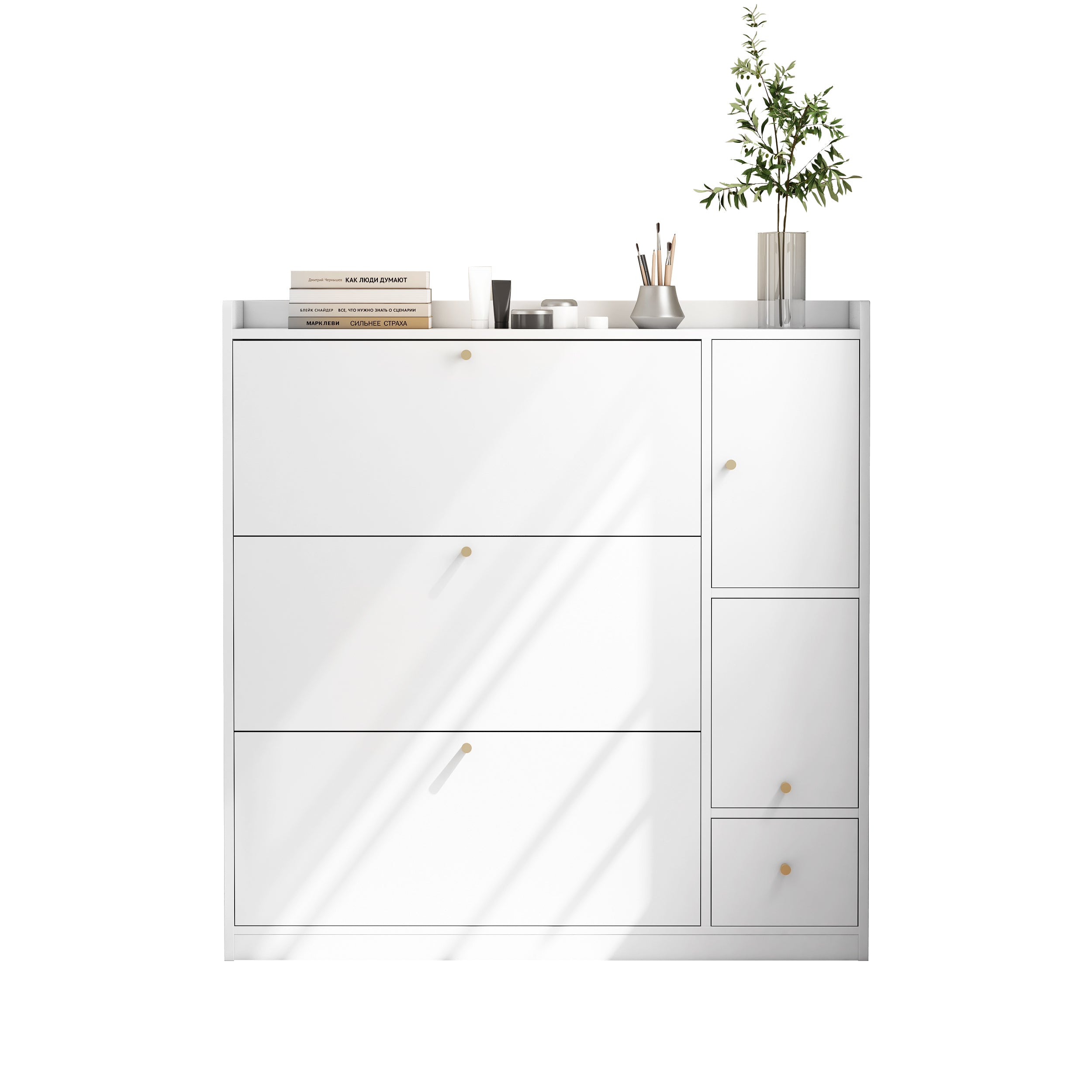 Versatile Tilting Shoe Cabinet with 3 Folding Drawers, Entryway Organizer, White