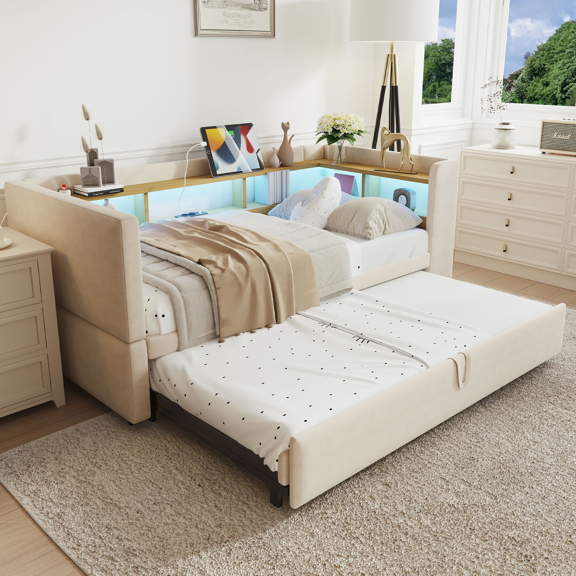 Multi-Functional Sofa Bed with Storage, LED Lighting & USB/Power Outlets, Beige