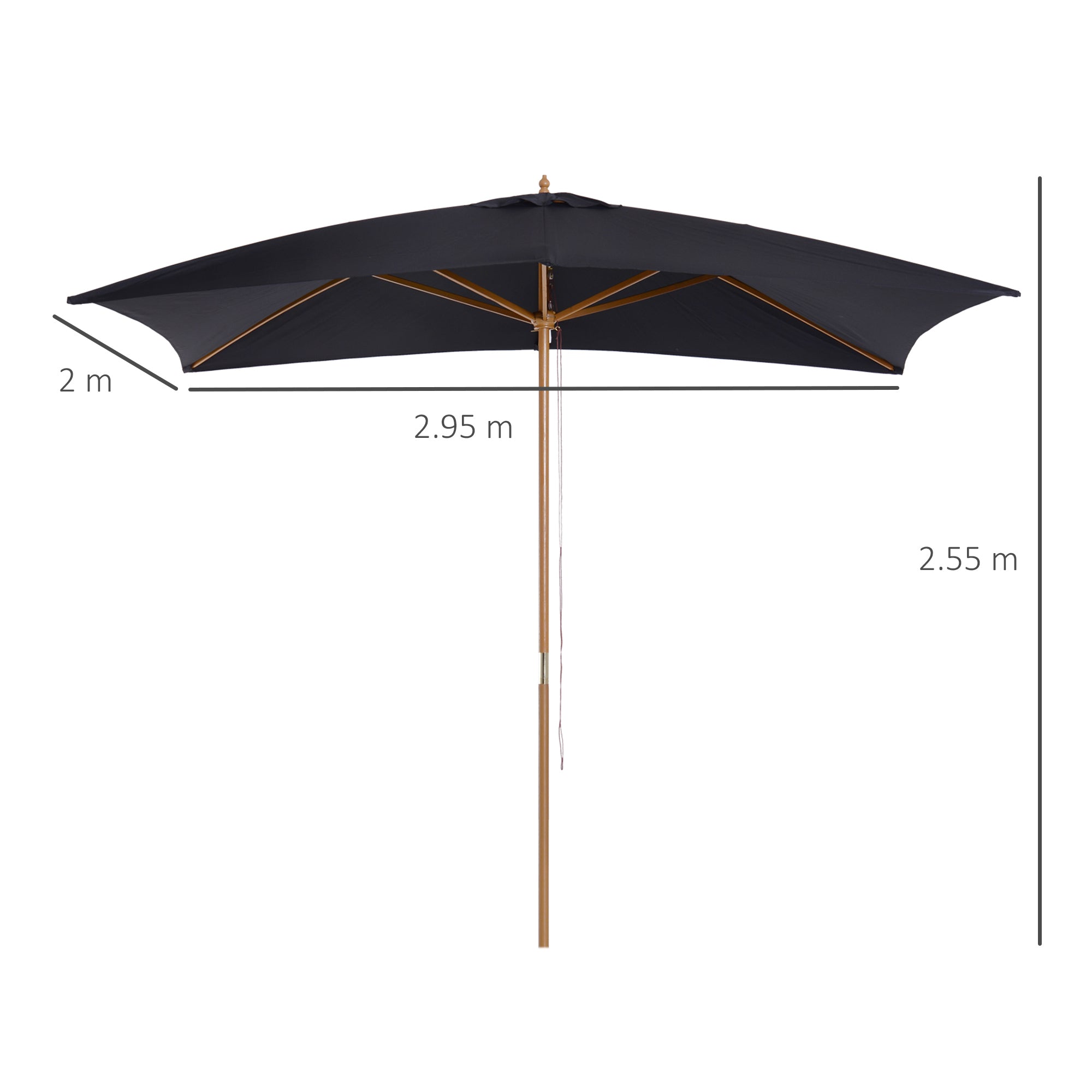 Garden Parasol Umbrella, 2 x 3m Outdoor Shade Canopy, Wooden, Black