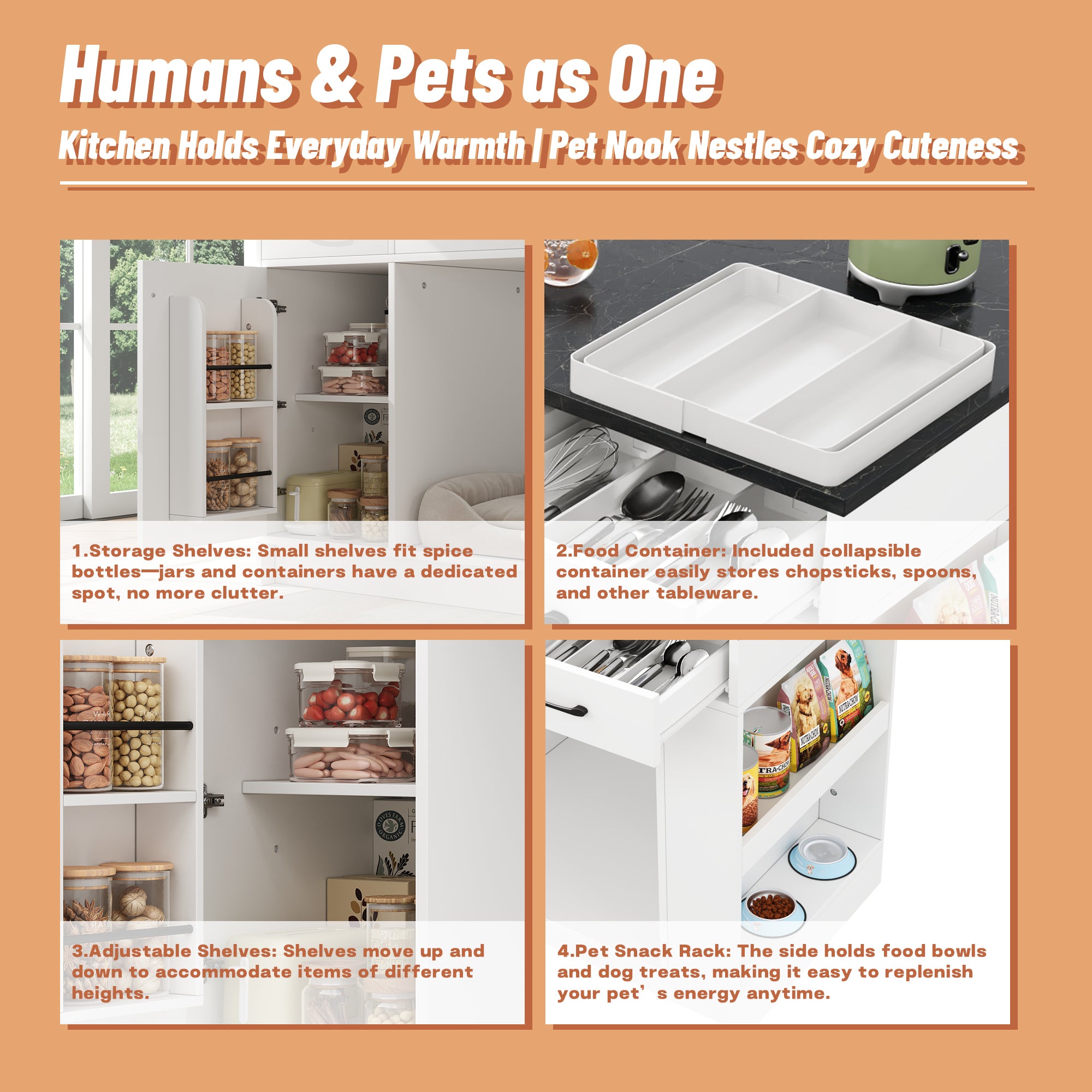 Kitchen Island with 3 Drawers Spice Rack Adjustable Shelf Pet Storage 120x60x90cm - White