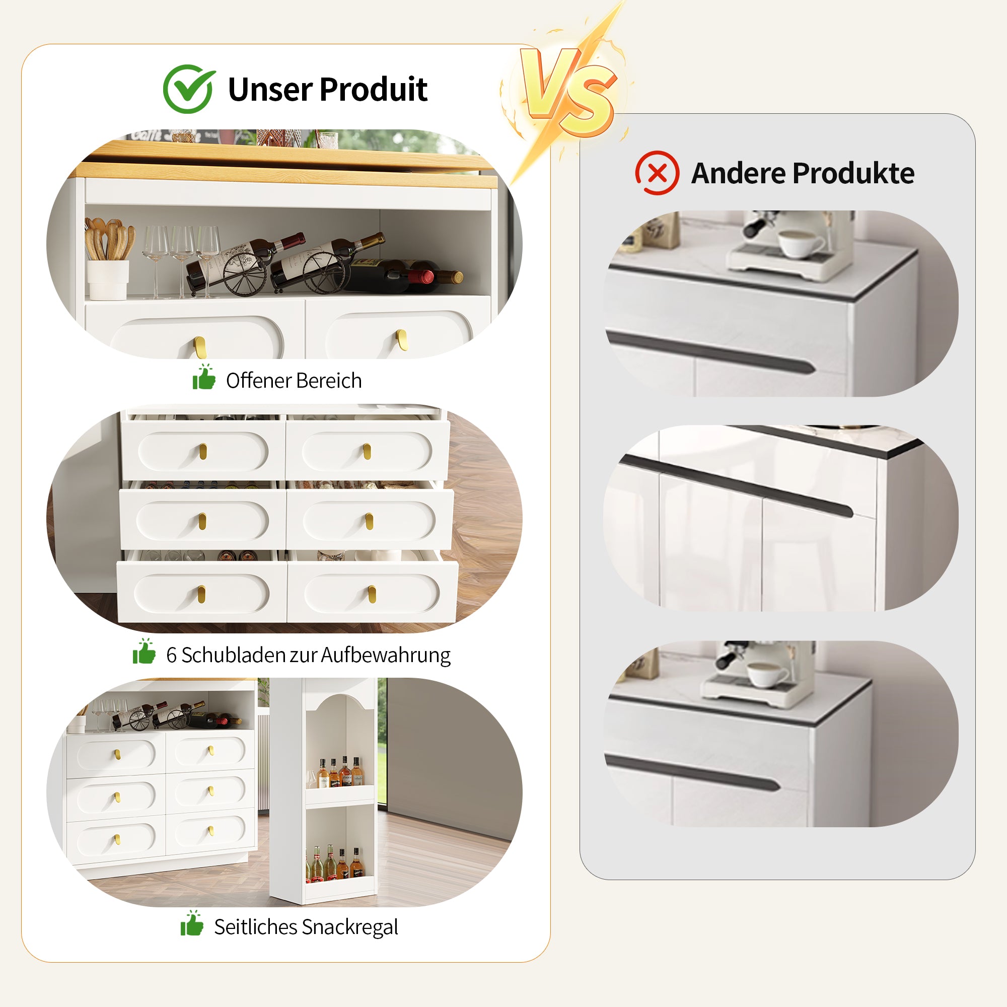 Extendable Rolling Bar Table 360° Swivel Storage Drawers - White