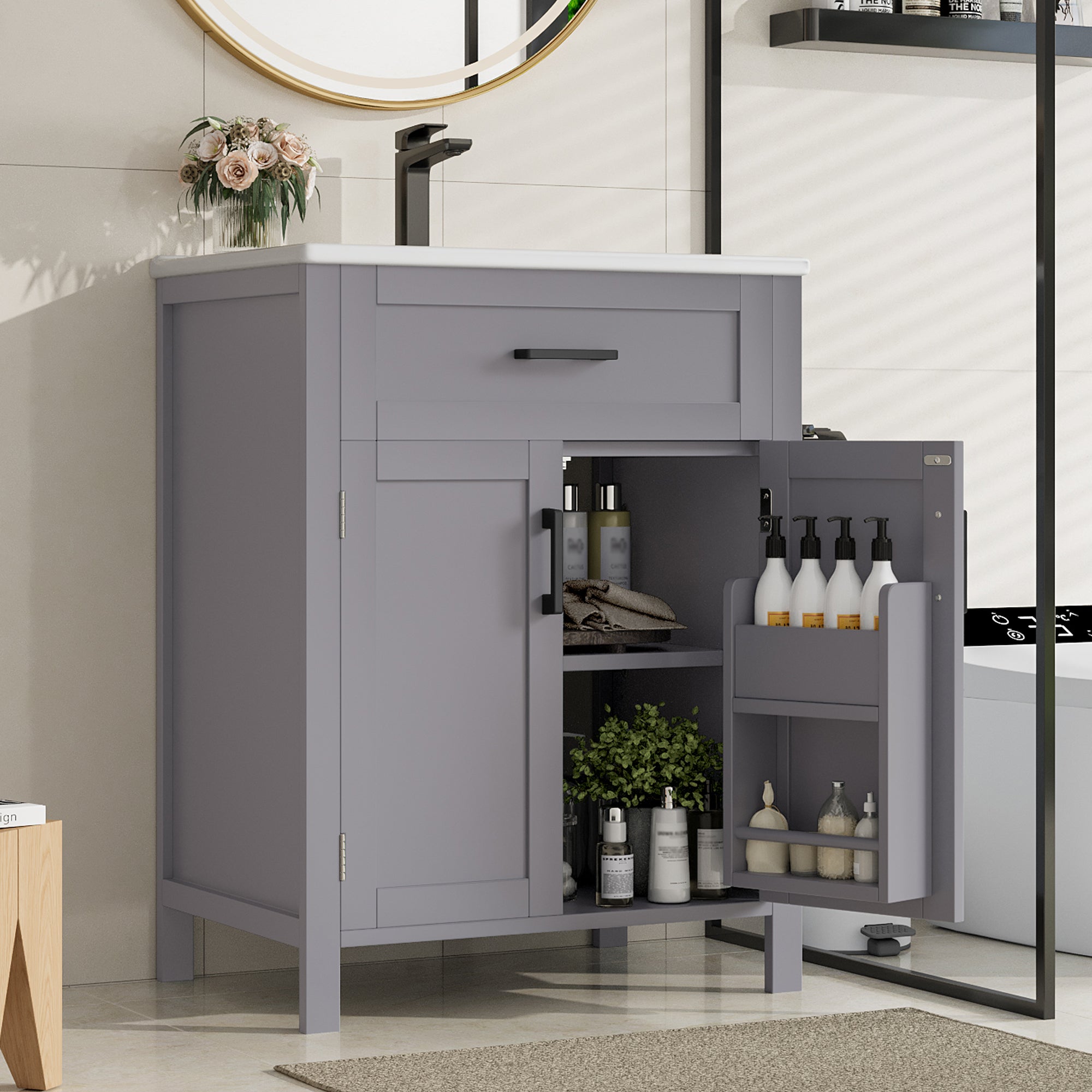 Bathroom Vanity Unit with Integrated Ceramic Sink and Storage Shelves, Grey
