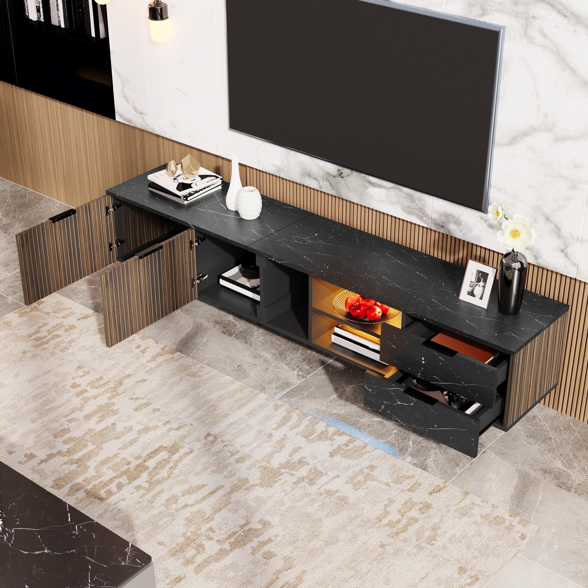 TV Cabinet, 200cm, Adjustable LED, 2 Doors, 2 Drawers, Black Marble & Dark Wood
