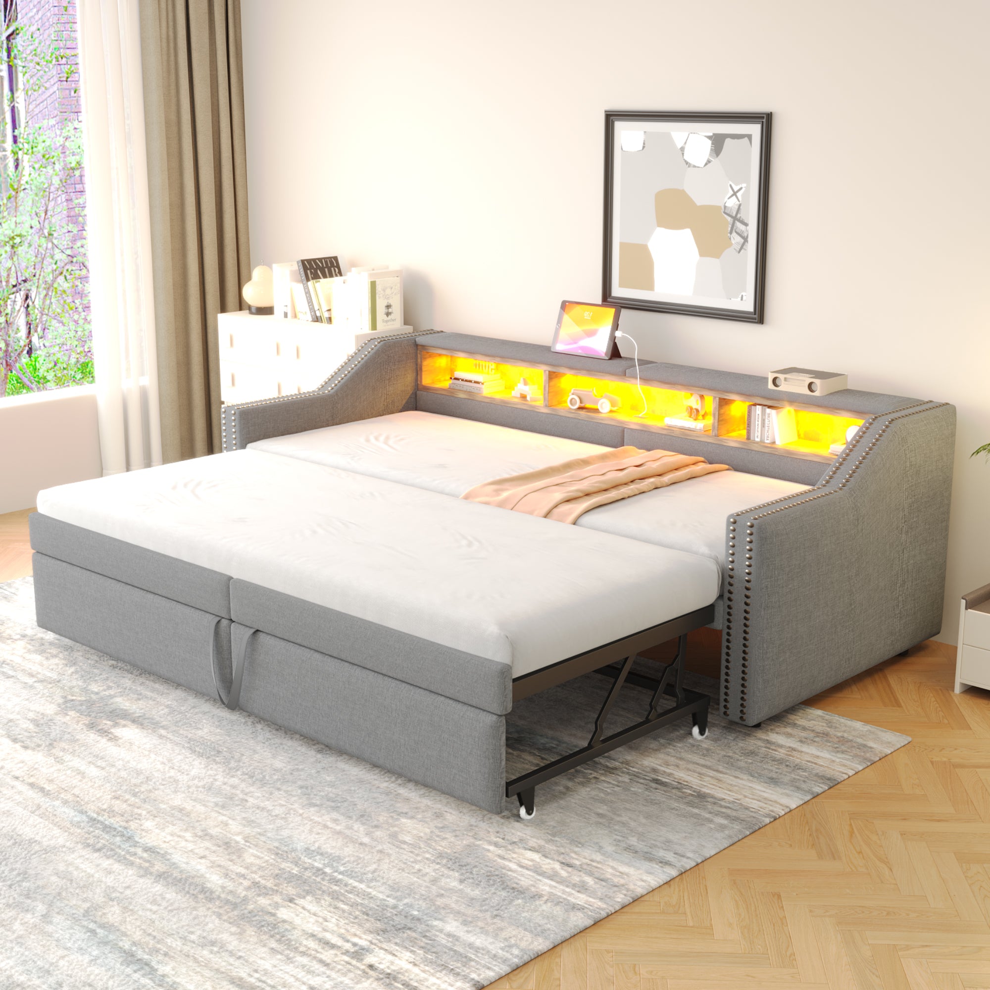 Upholstered Sofa Bed, Pull-Out with Storage, LED & USB, Light Grey