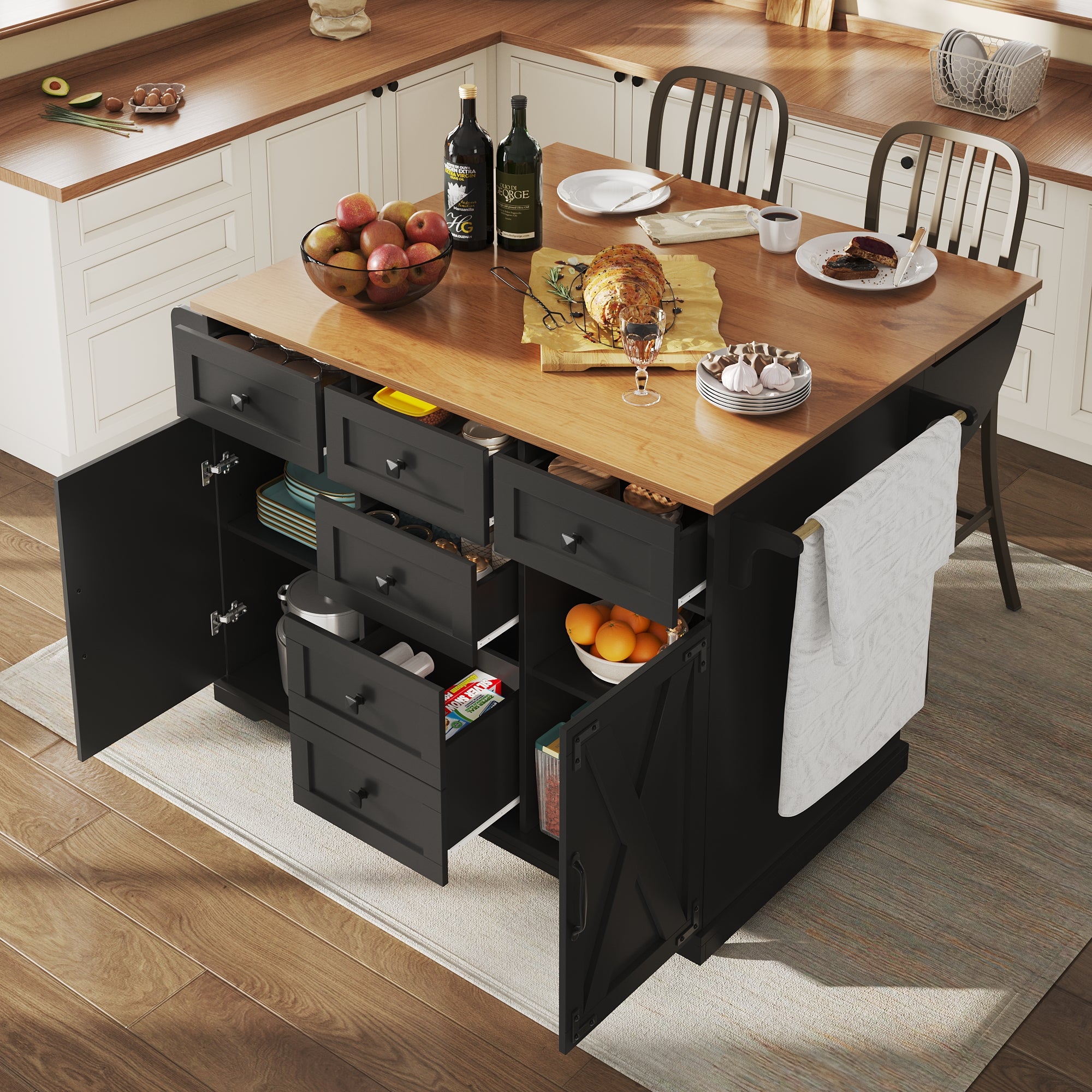 Kitchen Island with Multifunctional Serving Trolley and Large Storage Space, Black Wood Grain