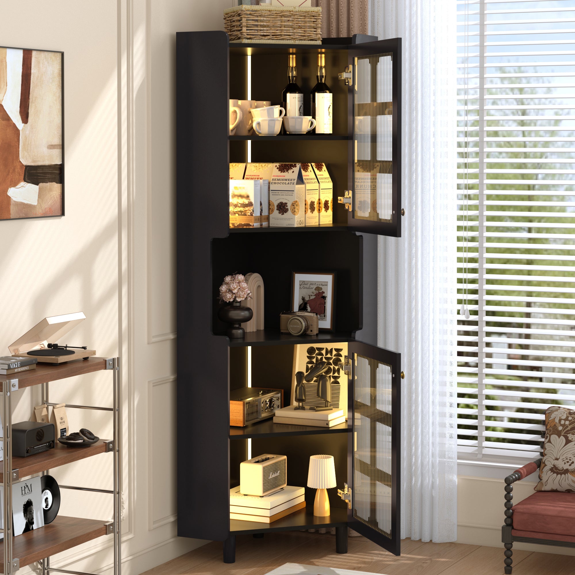 Corner Cabinet with LED Lighting, Multifunctional Storage Chest, Black Lacquer Finish