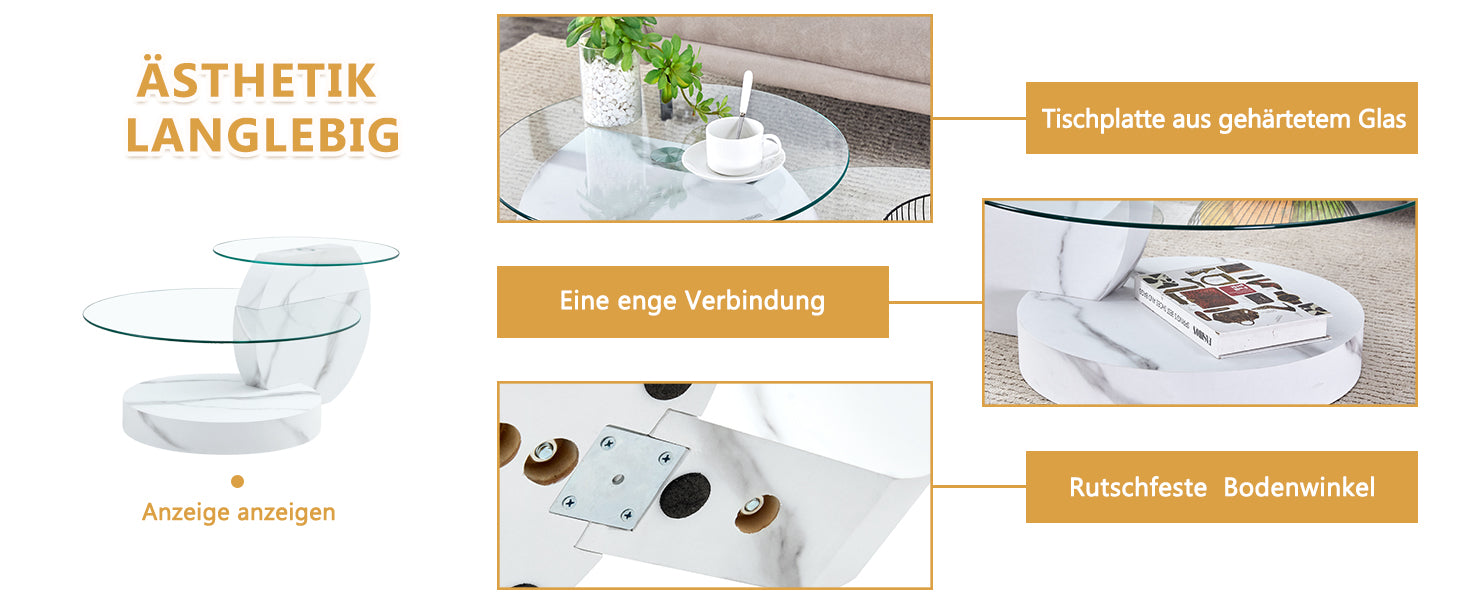 Modern Coffee Table Double-Layered Safety Glass Multi-Tiered White Marble Effect MDF