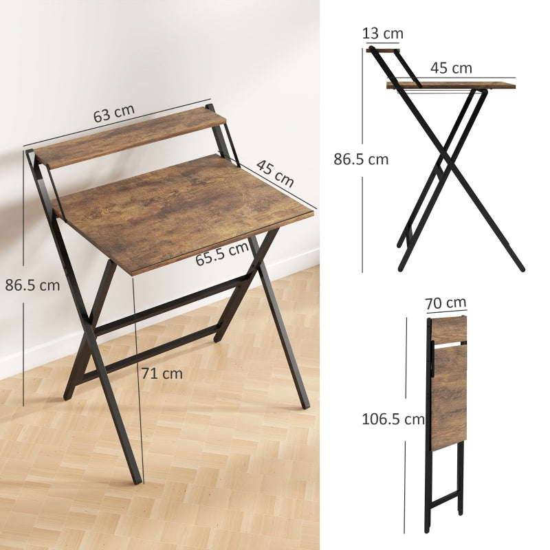 70 cm Folding Computer Desk with Monitor Shelf, Rustic Brown