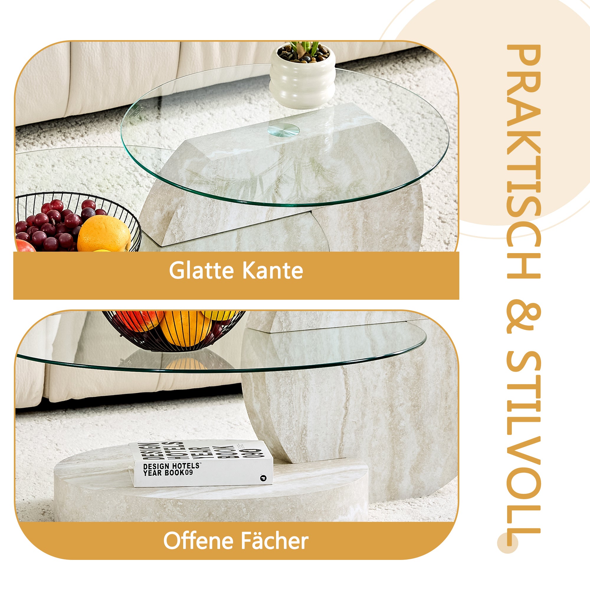 Modern Minimalist Coffee Table, Double-Layered Safety Glass and Multi-Tiered Design, Walnut Wood Grain Finish