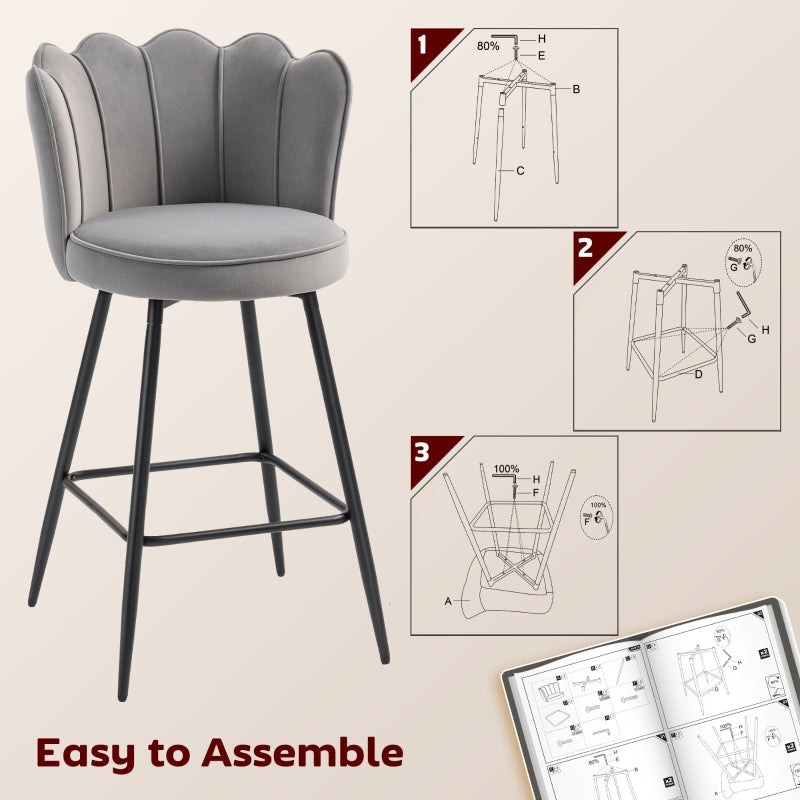 Lotus Bar Stools, Set of Two, Velvet-Feel Grey