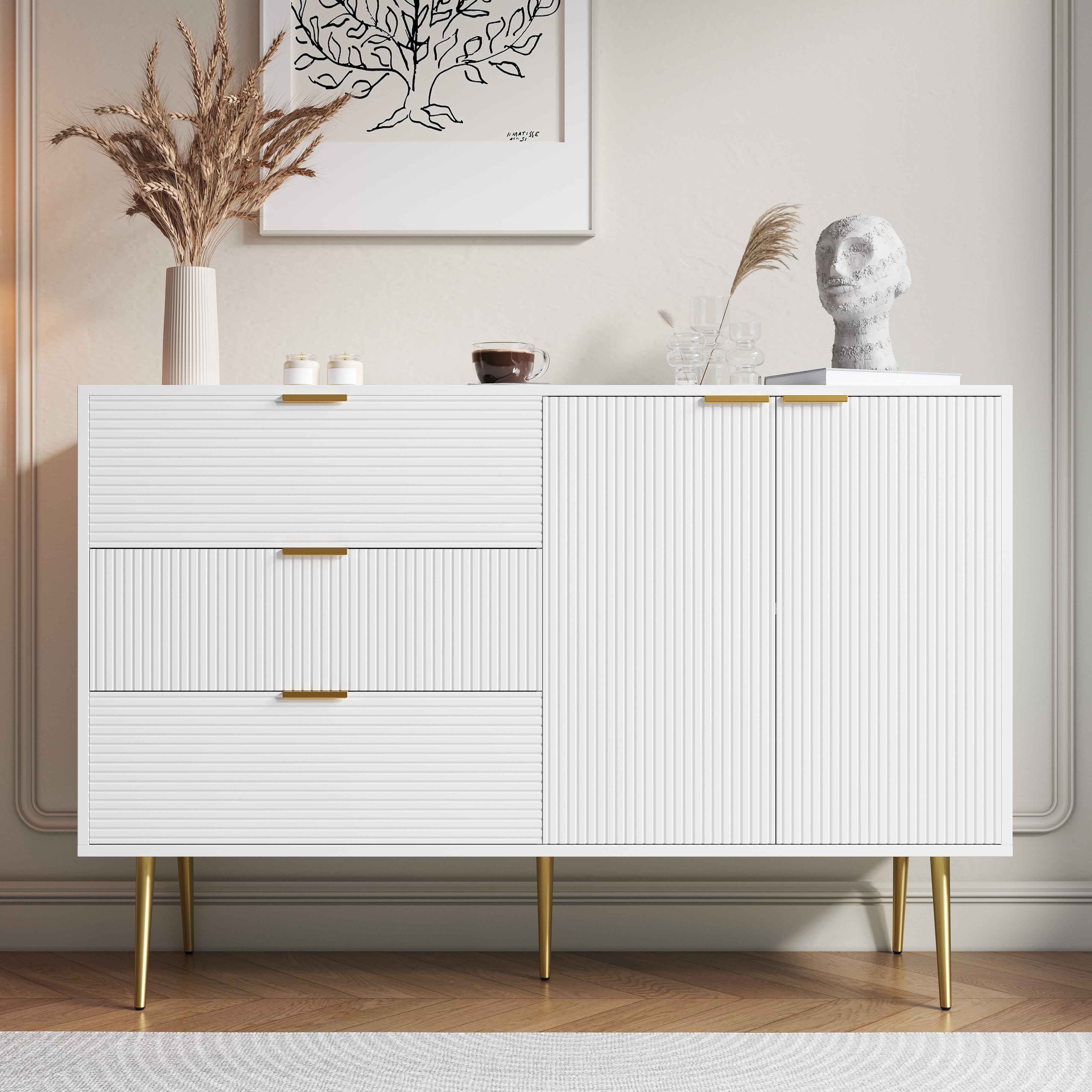 Sideboard, Living Room Cabinet with Doors & Drawers, Interior Shelves, Golden Handles & Legs