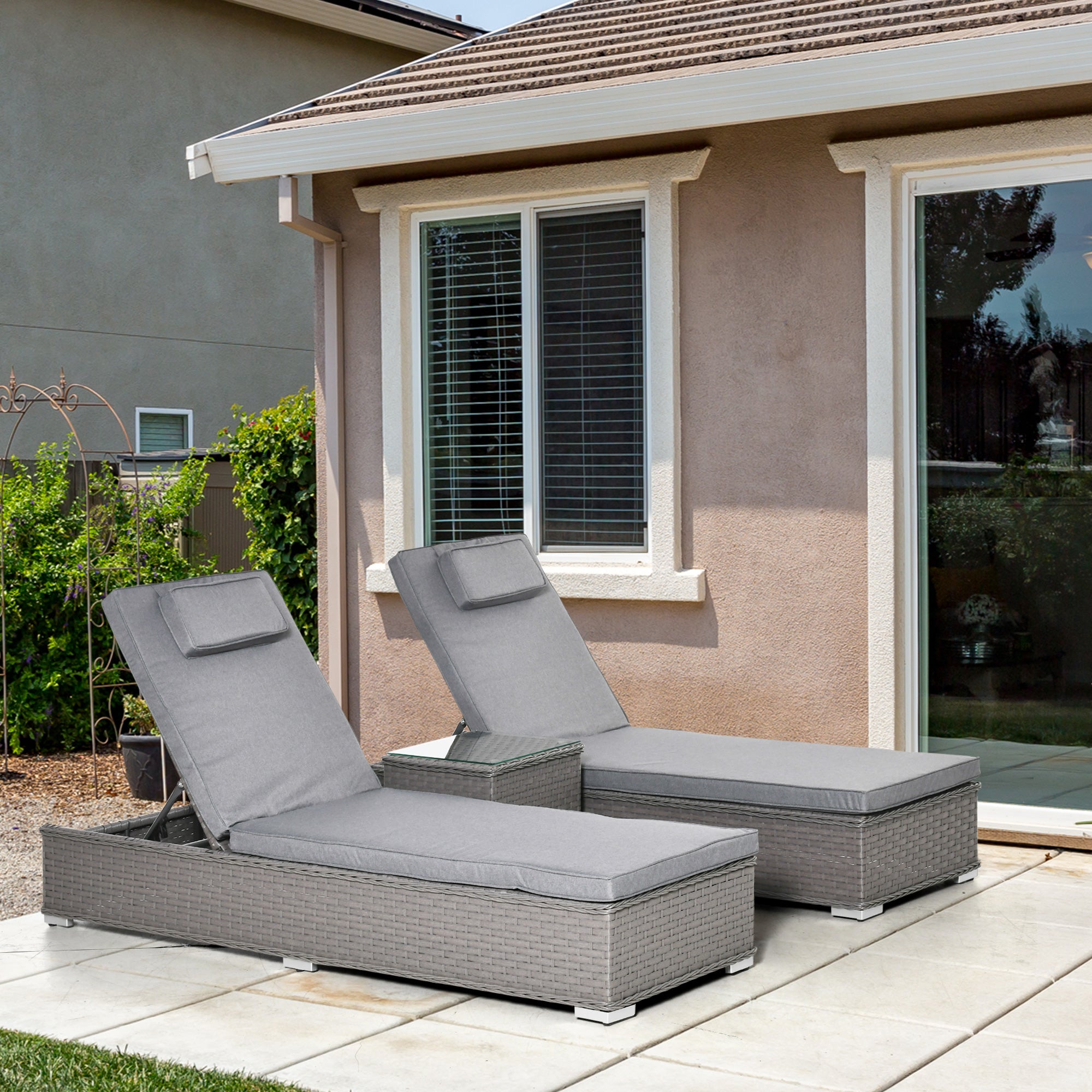 3 Pieces Sun Lounger Set, 5-Position Reclining Chairs and Table, Rattan Wicker, Grey