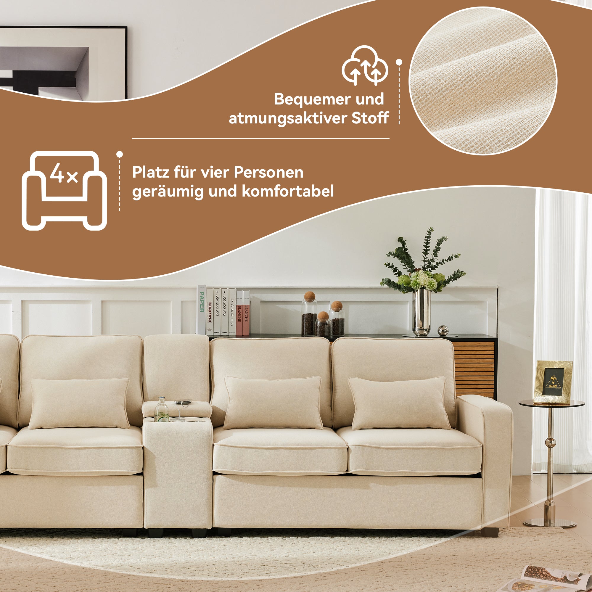 Sofa, 4-Seater with Console, Cup Holders, USB Ports, Linen Fabric