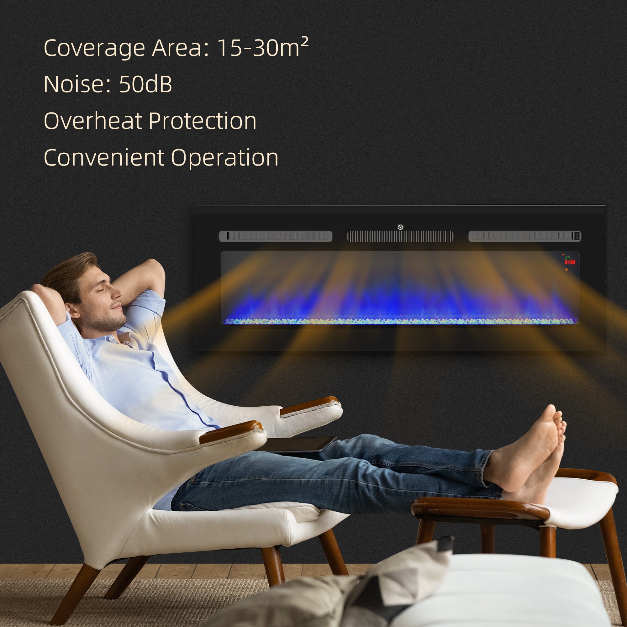 127cm Electric Fireplace, 2000W Recessed Wall Mounted with Remote, 9 Flame Colors and Crystal, Black