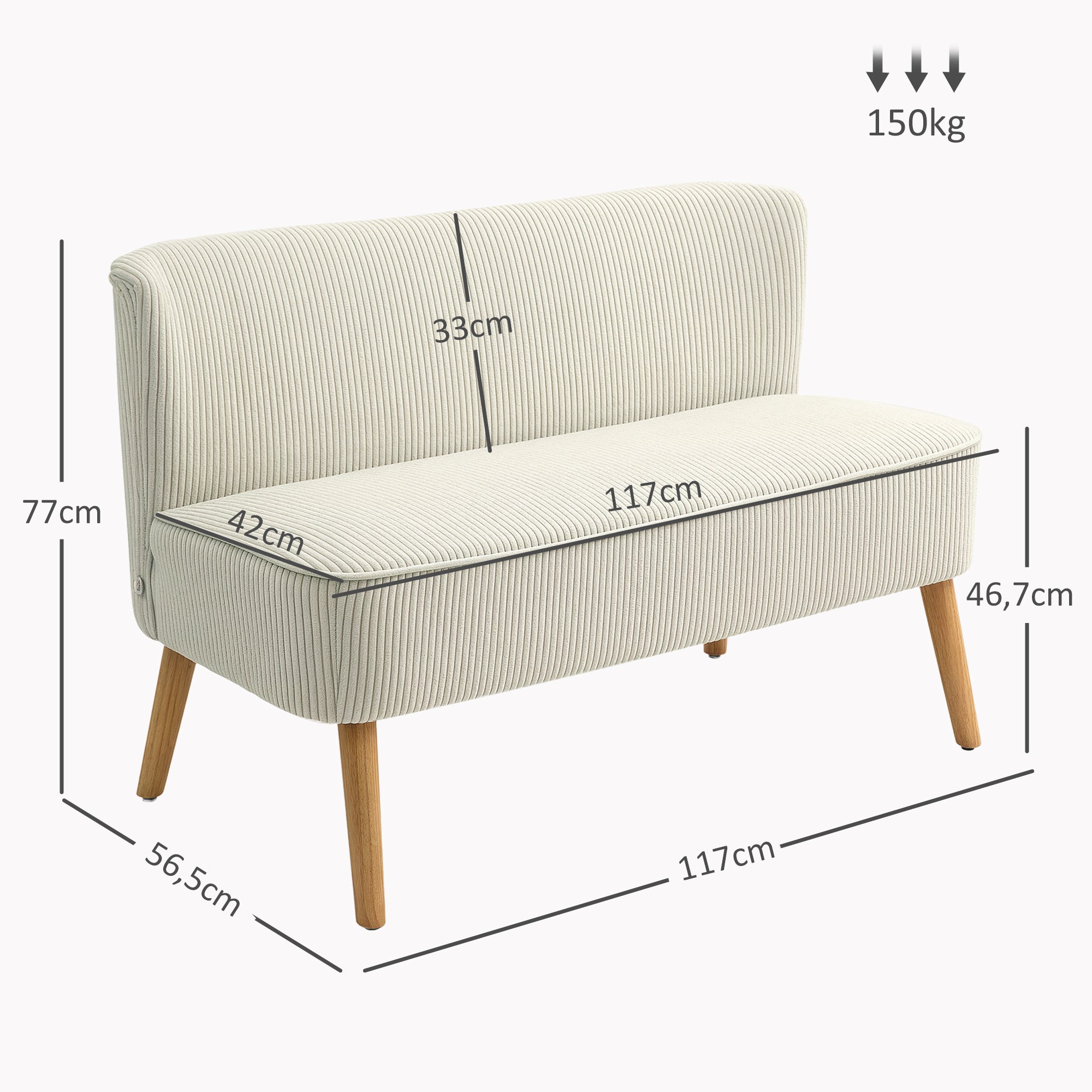 2-Seater Sofa Upholstered Lounge Wooden Legs, Corduroy Cream White