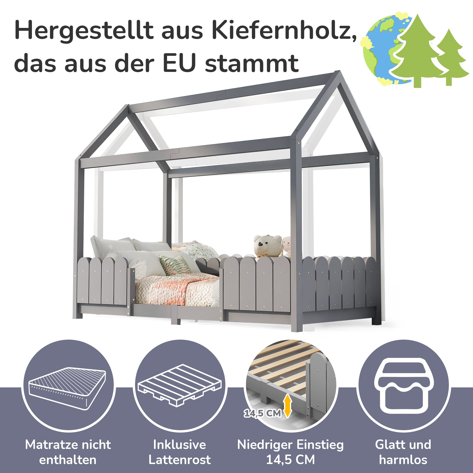House Bed 90x200cm Versatile Children's Bed with Fall Protection and Slatted Frame, Grey