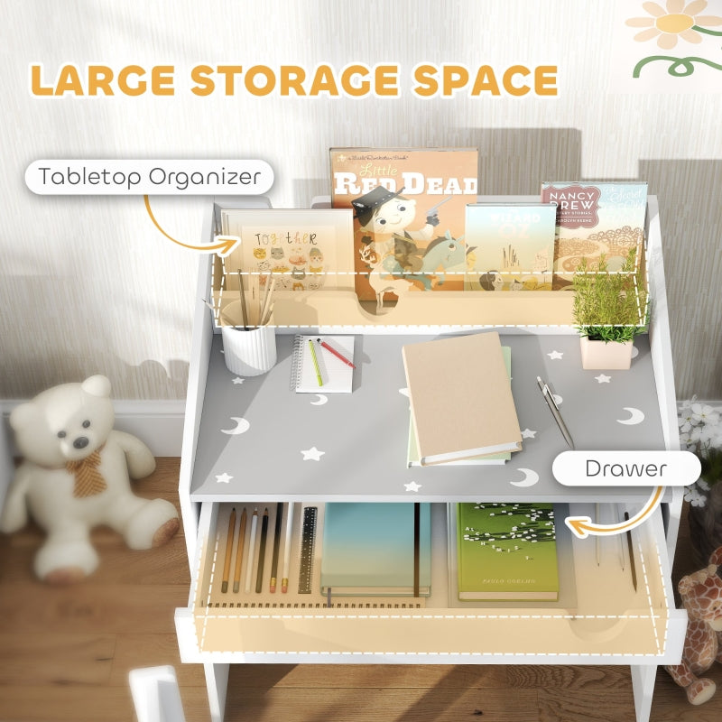 Children Study Table and Chair Set, Desk with Storage and Pull-Out Drawer for Ages 3-6, Grey