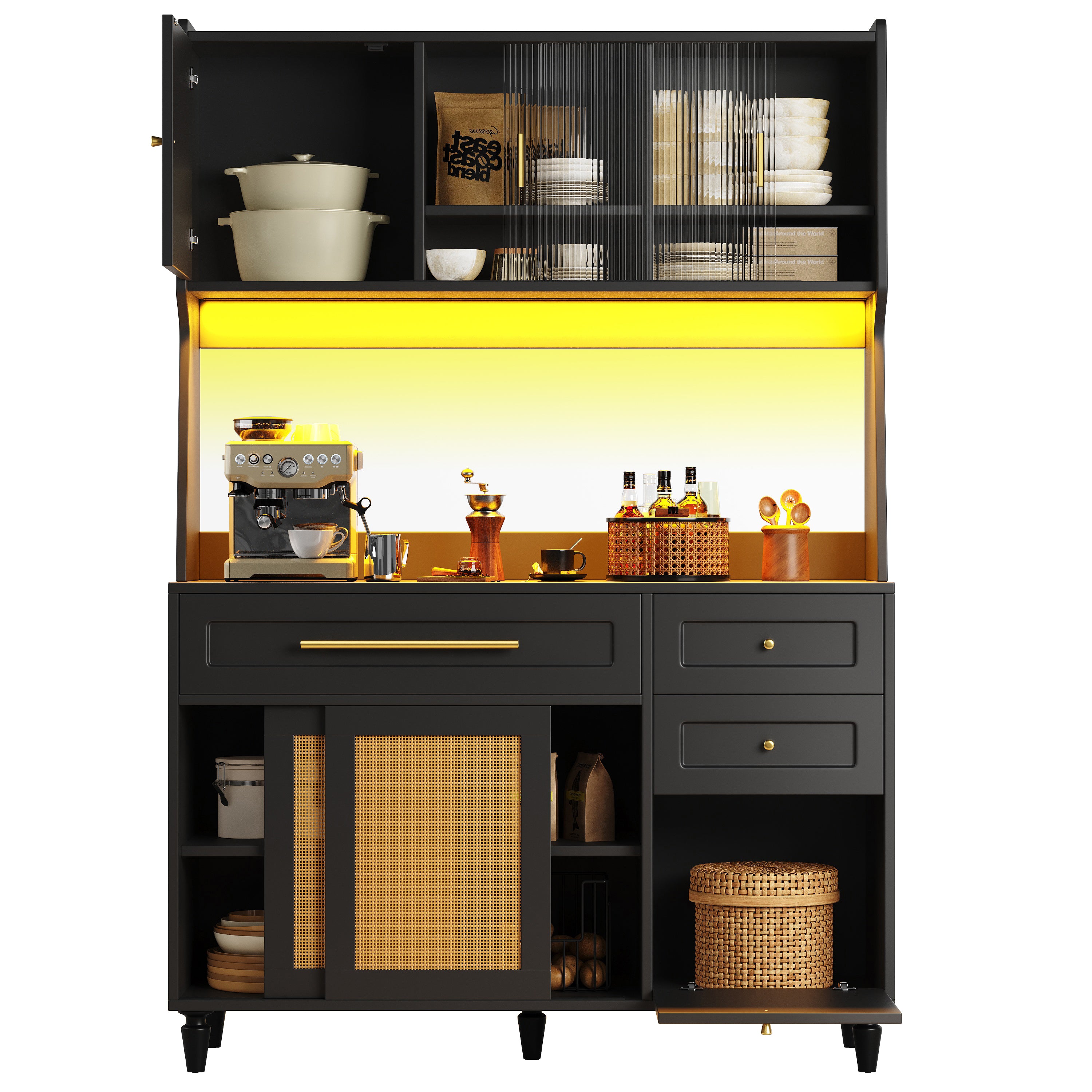 Tall Cabinet Buffet Display LED Rattan 3 Drawers - Black