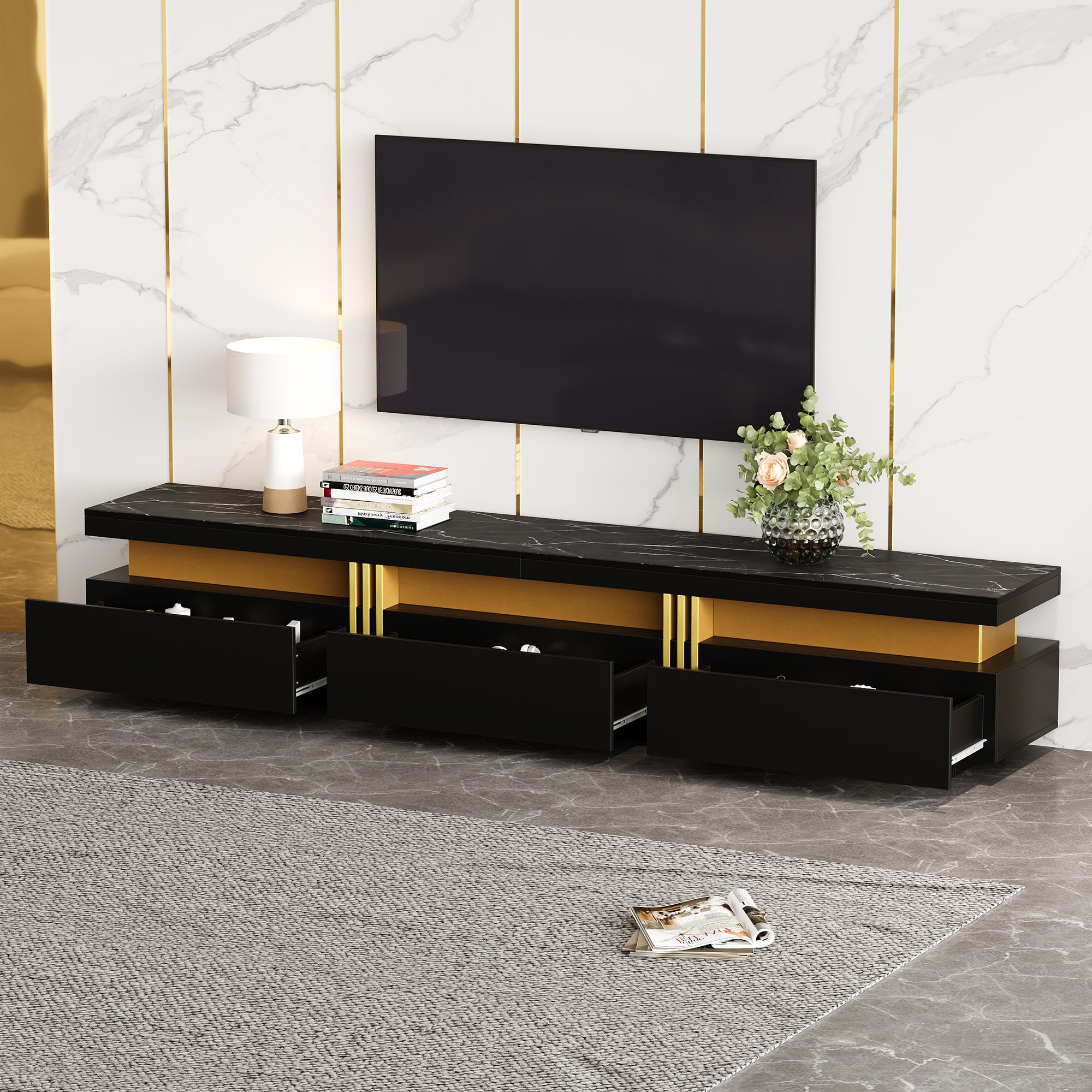 Lowboard TV Cabinet, Modern Marble Look with 3 Drawers, for up to 90-inch TVs