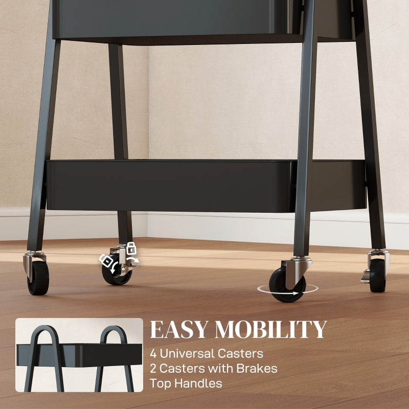 Three-Tier Storage Trolley with 4 Wheels & Mesh Shelves, Black Metal