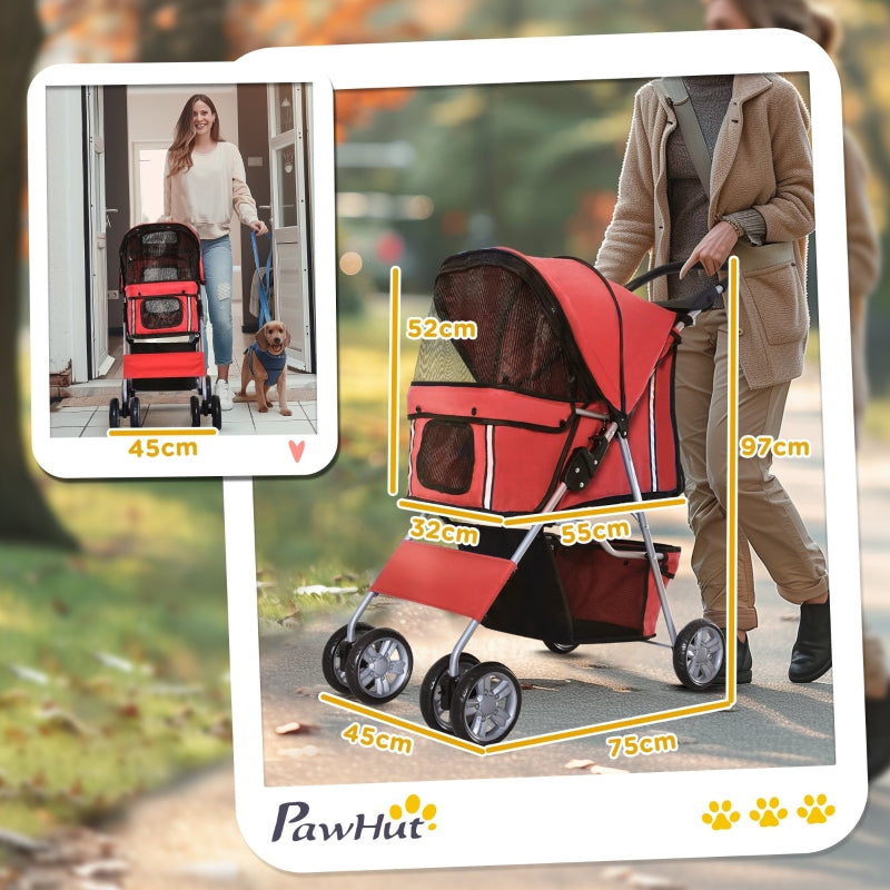 Pet Stroller, Dog Pram, Foldable Pushchair with Wheels and Zipper Entry, Red