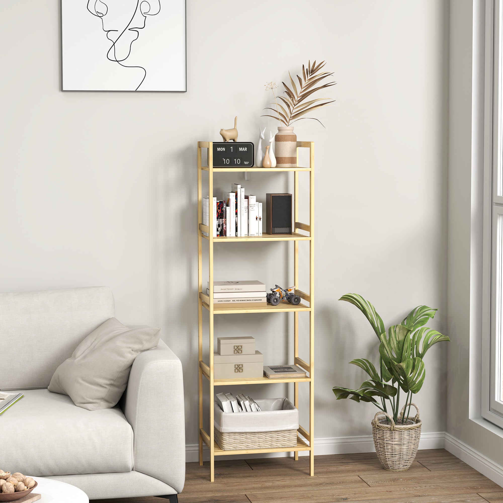 Bathroom Shelf, 5-Tier Storage Rack, Adjustable, Natural Wood