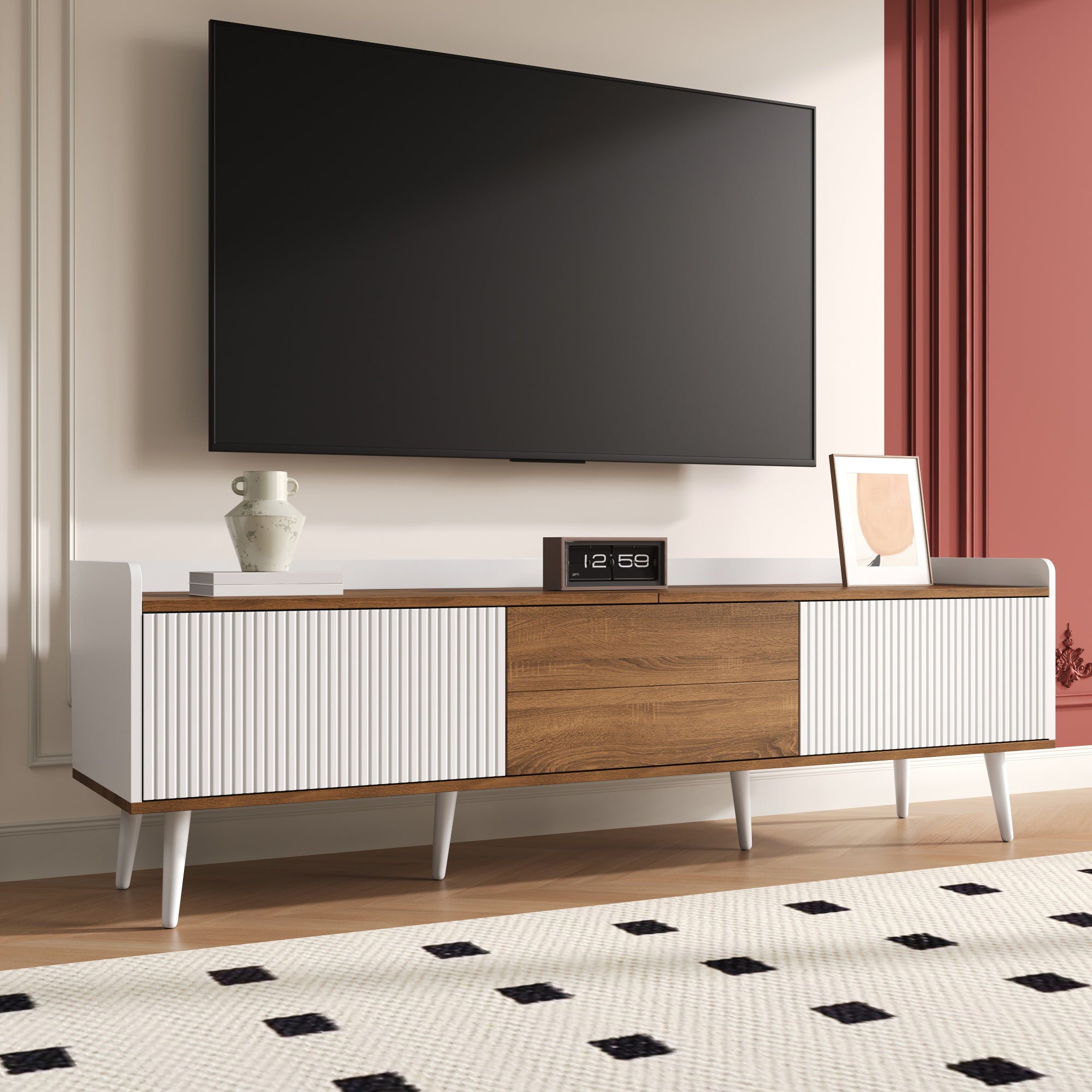 TV Cabinet Three-Door Compact Design, White and Natural Wood