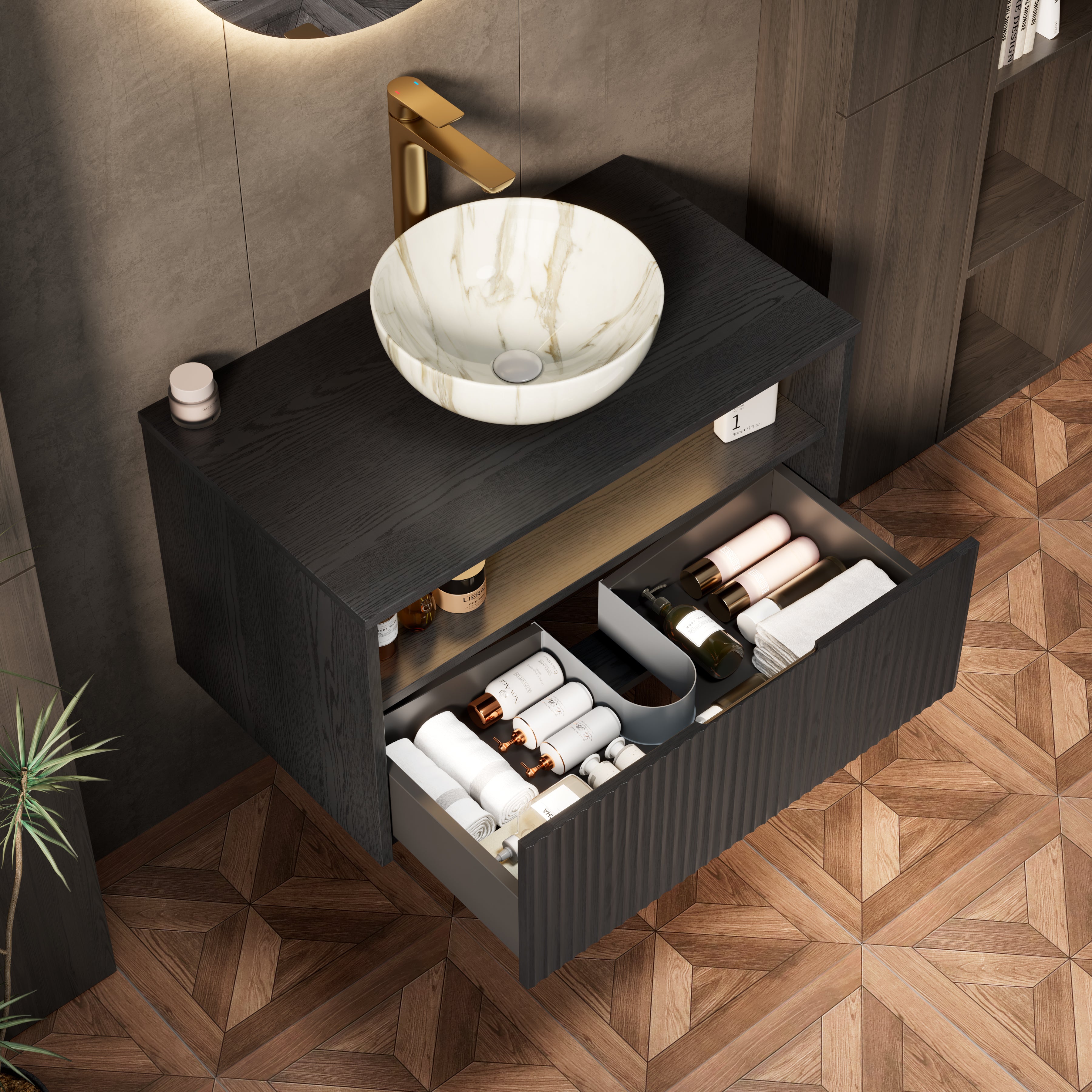 Floating Bathroom Vanity with Ceramic Basin and Sensor Light, 80cm Plywood, Black