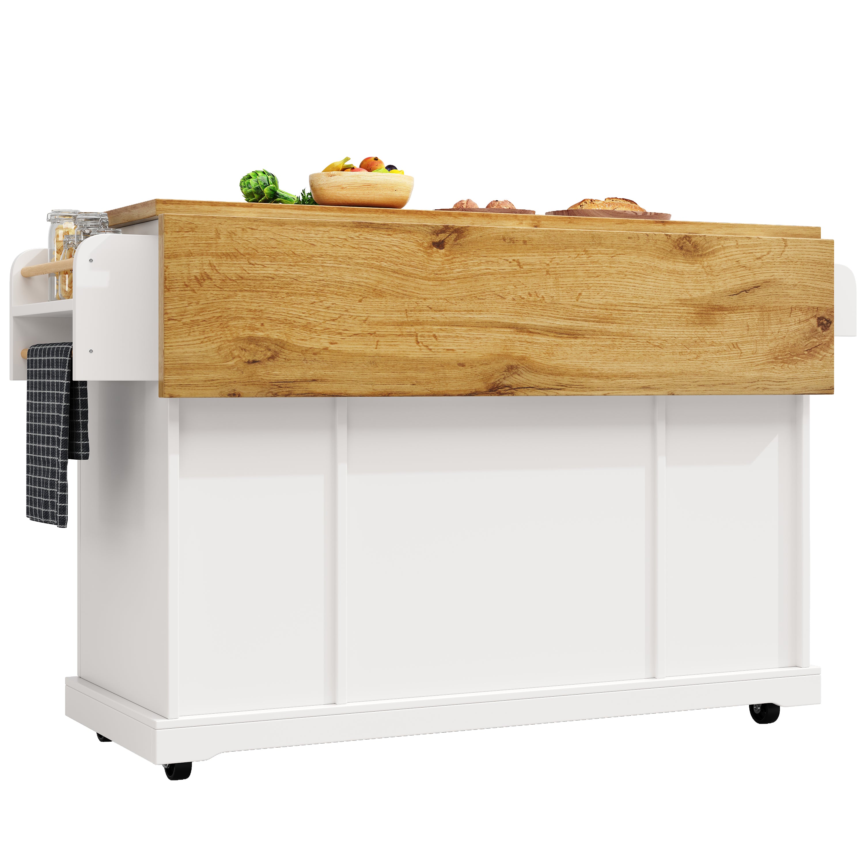 Mobile Kitchen Island Serving Trolley 4 Doors Glass Drawers Adjustable Shelves - White