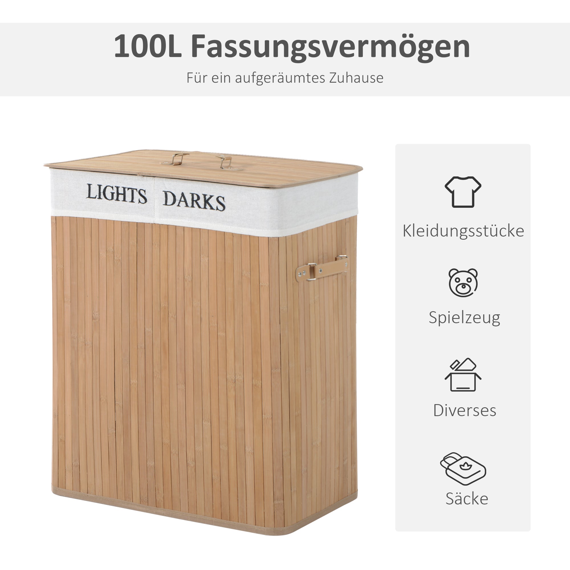 Laundry Basket 100L, Box with Lid, Bamboo Natural