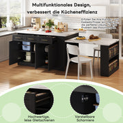 Multifunctional Kitchen Island Extendable Dining Table Storage 150cm+96cm White Marbled Wooden/Black