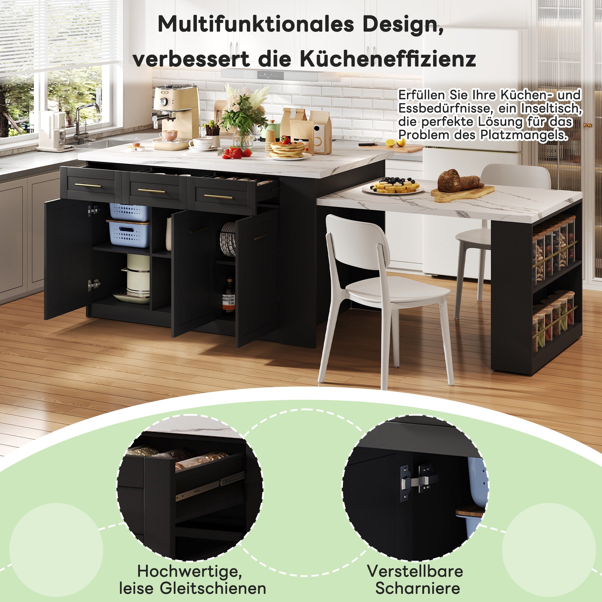 Multifunctional Kitchen Island Extendable Dining Table Storage 150cm+96cm White Marbled Wooden/Black