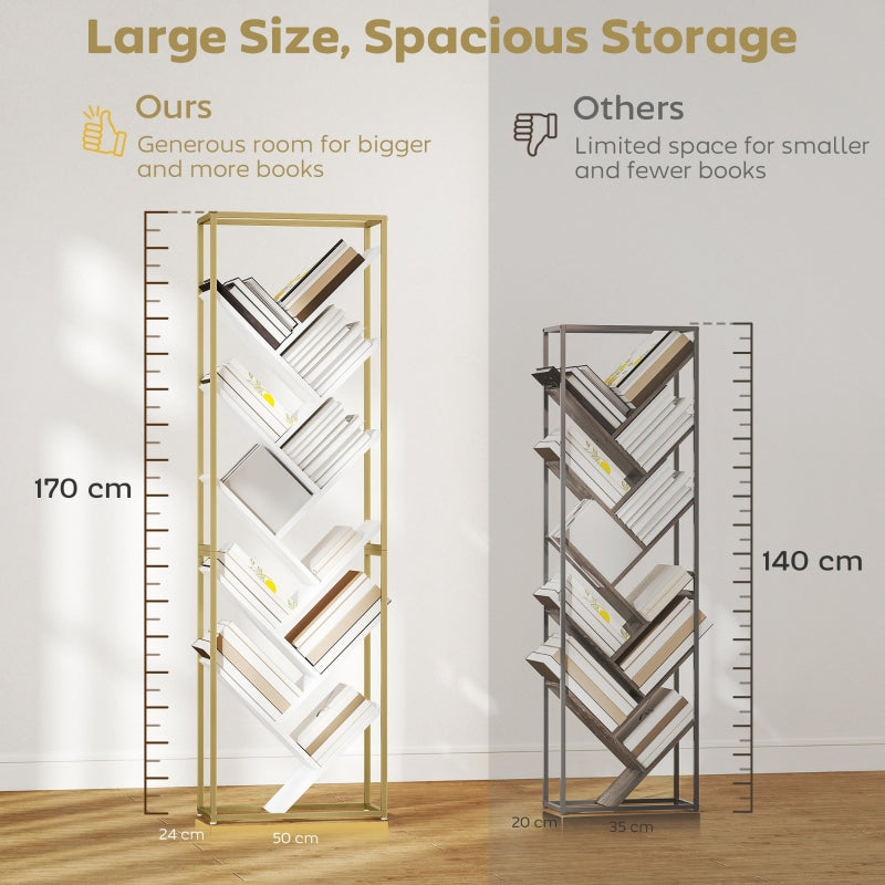 10 Shelf Bookshelf Tree Design Slim Modern Style Gold Tone/White