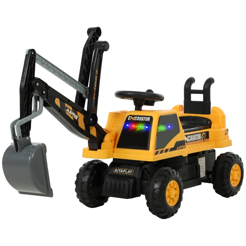 Ride-on Excavator with Shovel, Steering Wheel and Backrest for Kids, Yellow
